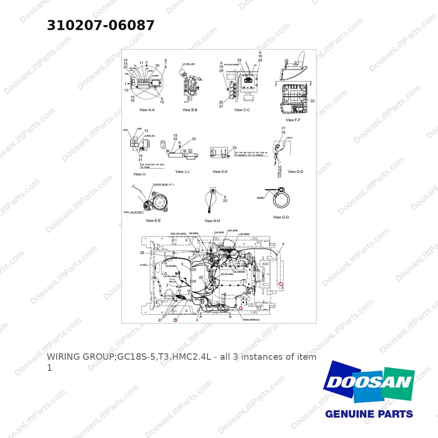 310207-06087 WIRING GROUP;GC18S-5,T3,HMC2.4L - full parts diagram, item 1 marked - genuine Doosan / Bobcat forklift part