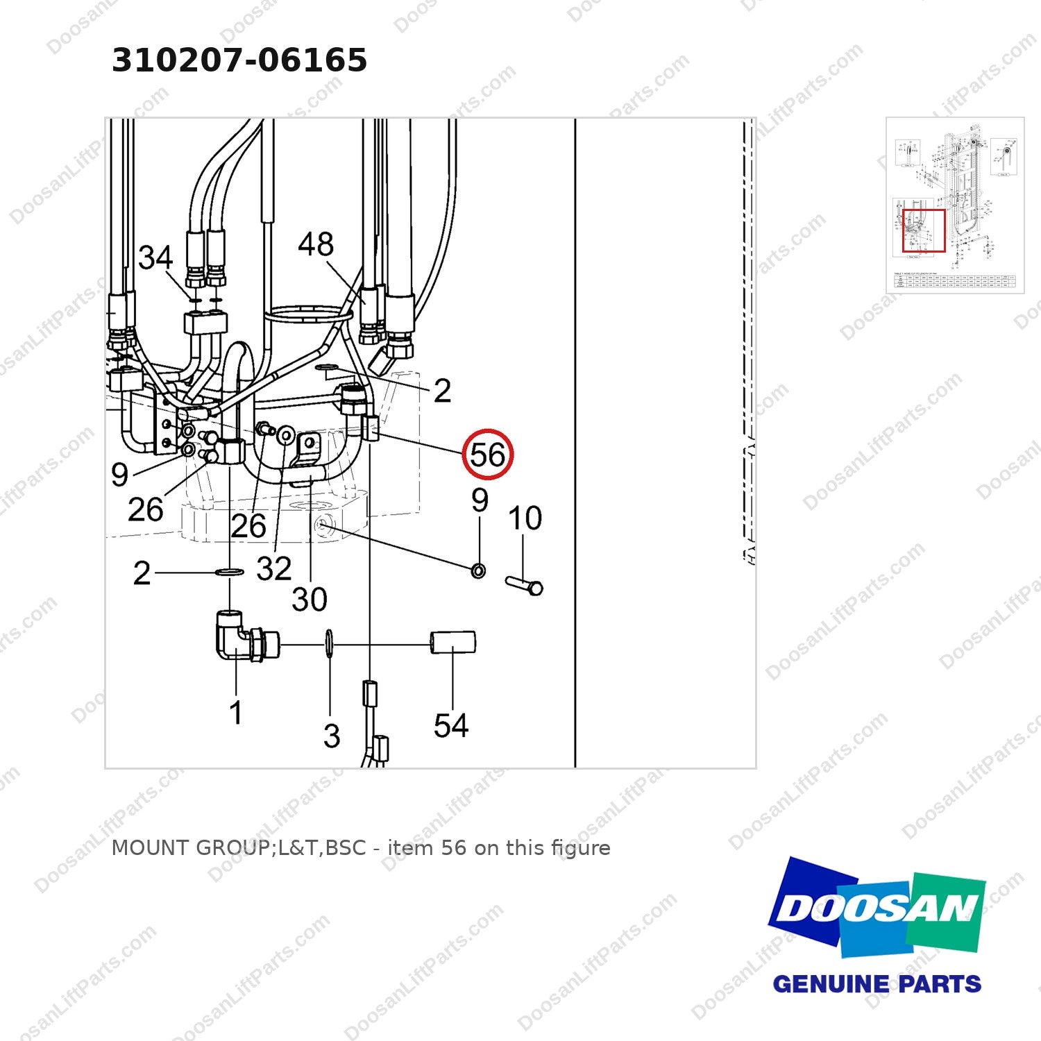 310207-06165 MOUNT GROUP;L&T,BSC - parts diagram, item 56 shown - genuine Doosan / Bobcat forklift part