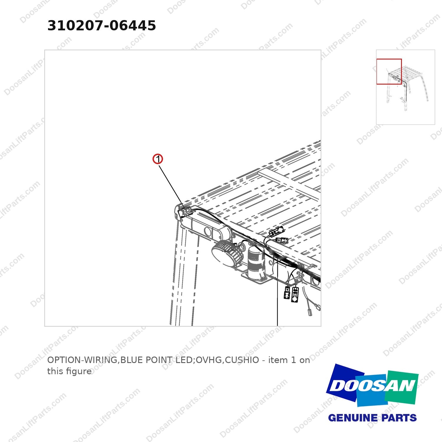 310207-06445 OPTION-WIRING,BLUE POINT LED;OVHG,CUSHIO - parts diagram, item 1 shown - genuine Doosan / Bobcat forklift part