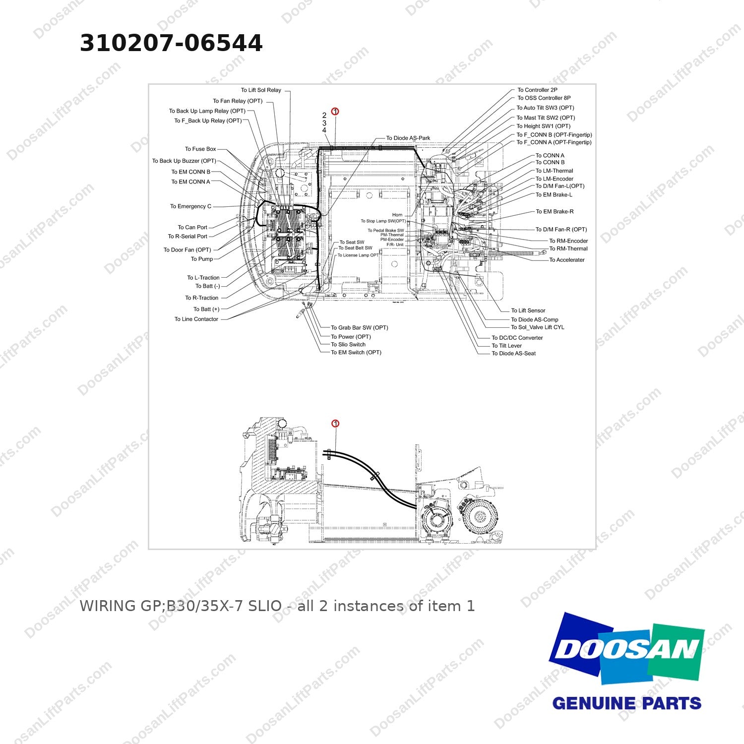 310207-06544 WIRING GP;B30/35X-7 SLIO - full parts diagram, item 1 marked - genuine Doosan / Bobcat forklift part
