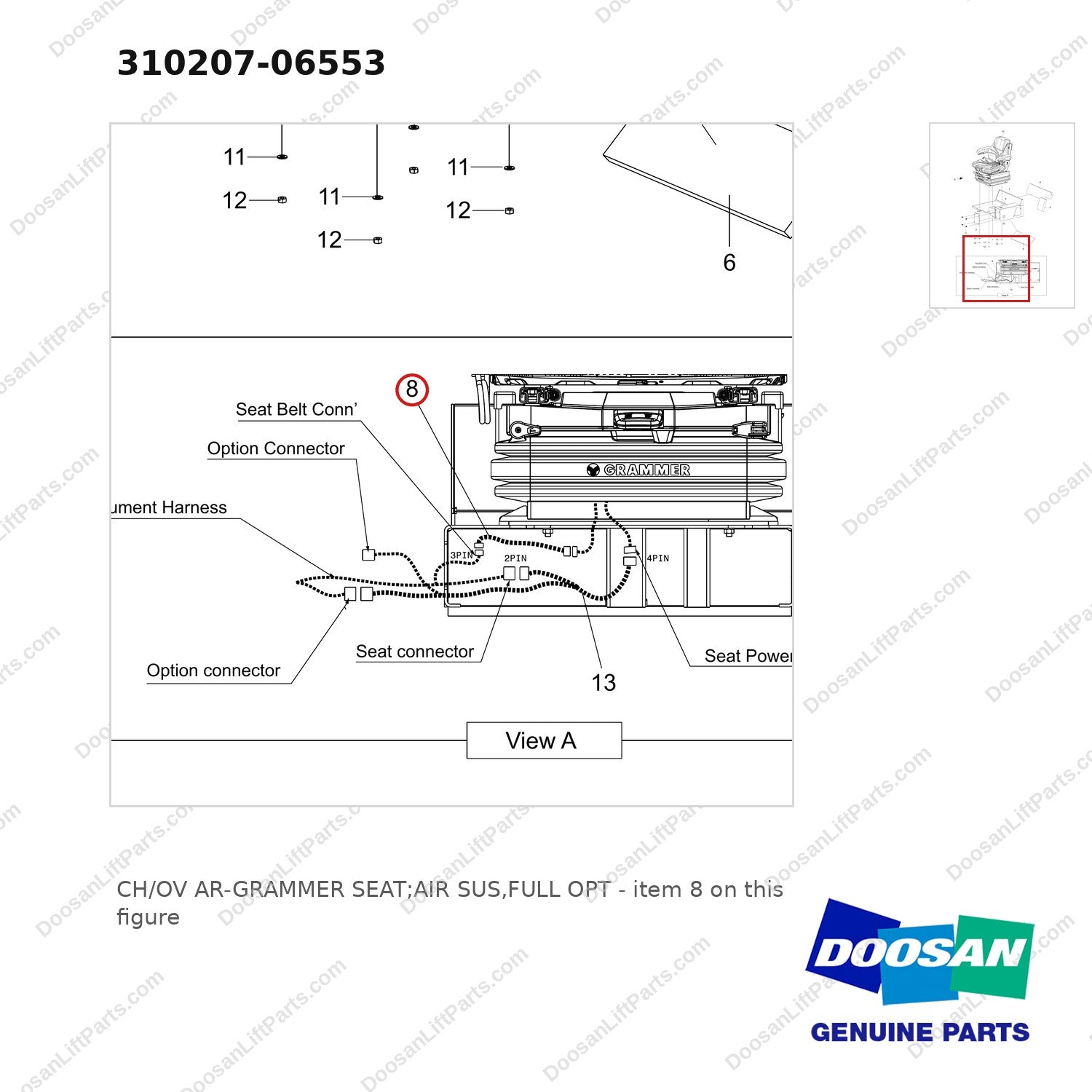310207-06553 CH/OV AR-GRAMMER SEAT;AIR SUS,FULL OPT - parts diagram, item 8 shown - genuine Doosan / Bobcat forklift part