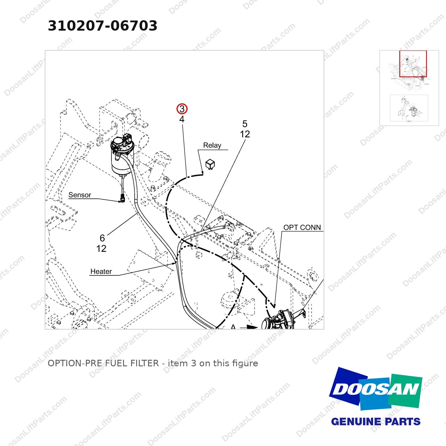 310207-06703 OPTION-PRE FUEL FILTER - parts diagram, item 3 shown - genuine Doosan / Bobcat forklift part