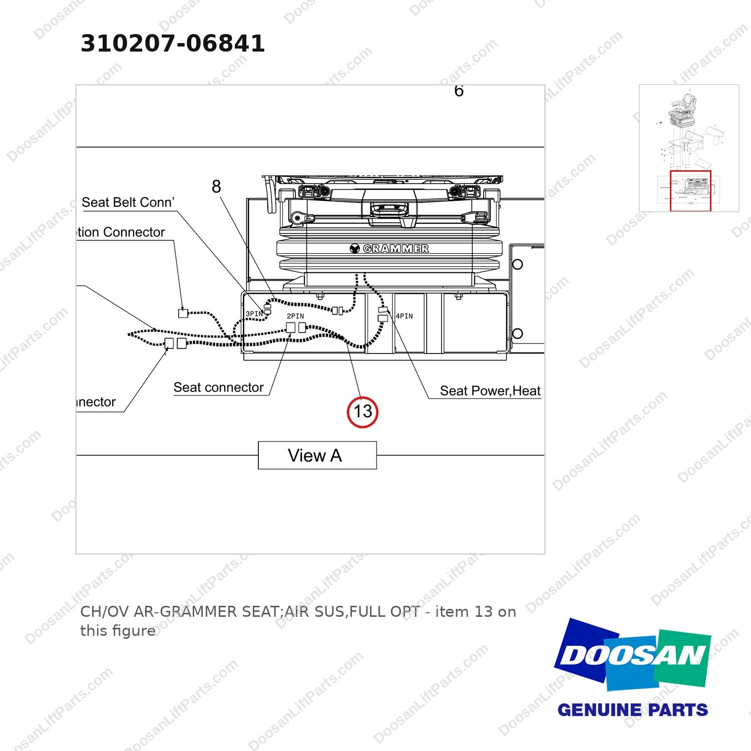 310207-06841 CH/OV AR-GRAMMER SEAT;AIR SUS,FULL OPT - parts diagram, item 13 shown - genuine Doosan / Bobcat forklift part