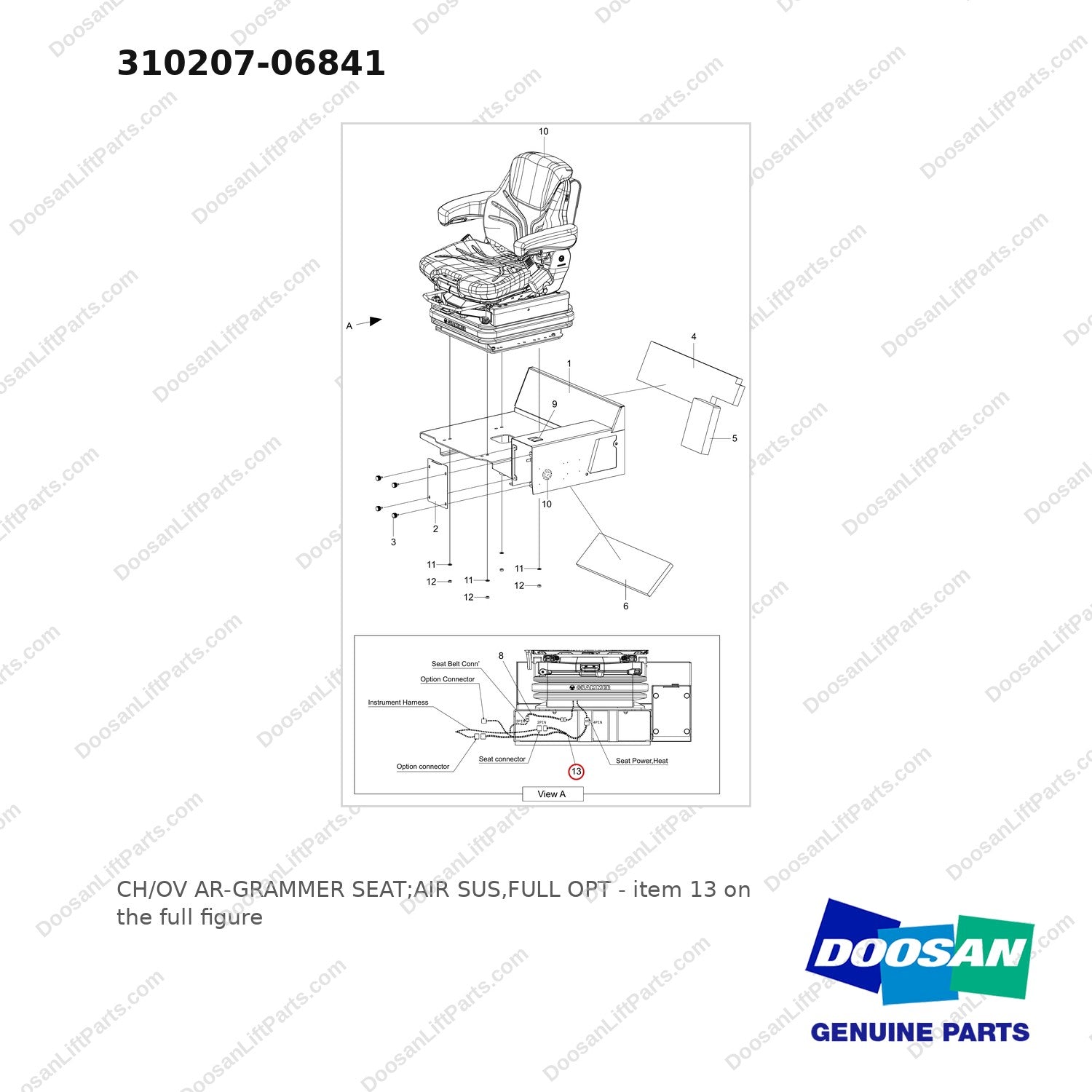 310207-06841 CH/OV AR-GRAMMER SEAT;AIR SUS,FULL OPT - full parts diagram, item 13 marked - genuine Doosan / Bobcat forklift part