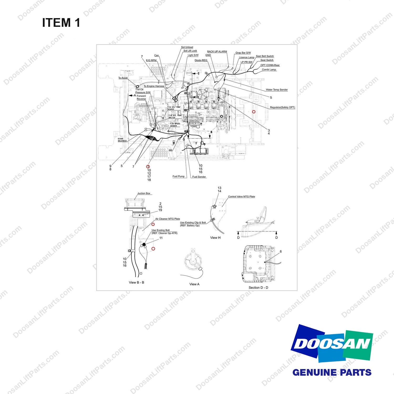 310207-07069 WIRE GROUP;G25P-7 - full parts diagram, item 1 marked - genuine Doosan / Bobcat forklift part