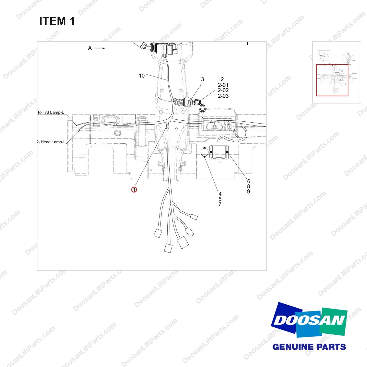 310207-07352 WIRE GROUP;FCU,PSI,DF - parts diagram, item 1 shown - genuine Doosan / Bobcat forklift part