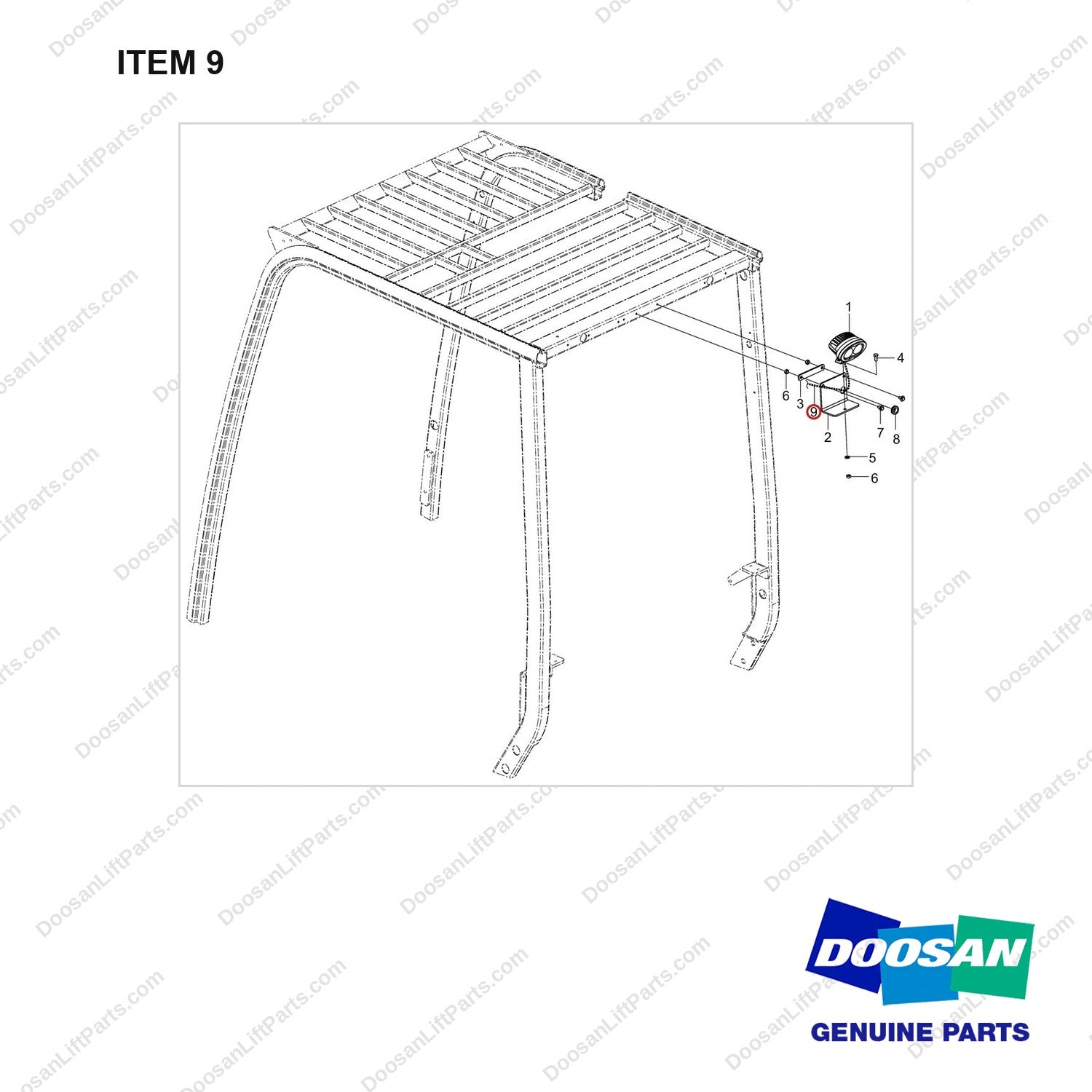 310207-07506 OPTION-SAFETY LIGHT(BLUE) - full parts diagram, item 9 marked - genuine Doosan / Bobcat forklift part