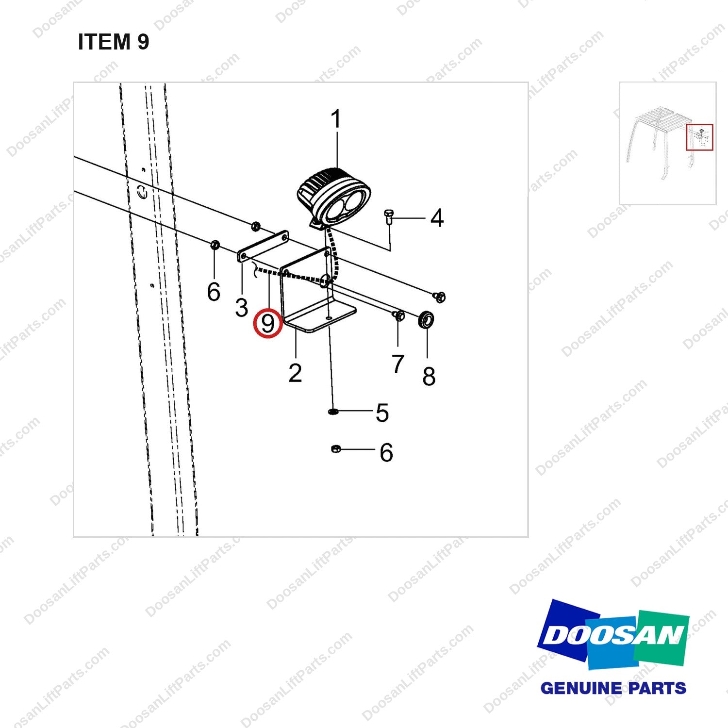 310207-07506 OPTION-SAFETY LIGHT(BLUE) - parts diagram, item 9 shown - genuine Doosan / Bobcat forklift part