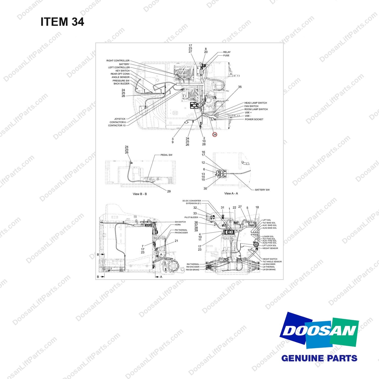 310207-08035 WIRE GROUP - full parts diagram, item 34 marked - genuine Doosan / Bobcat forklift part