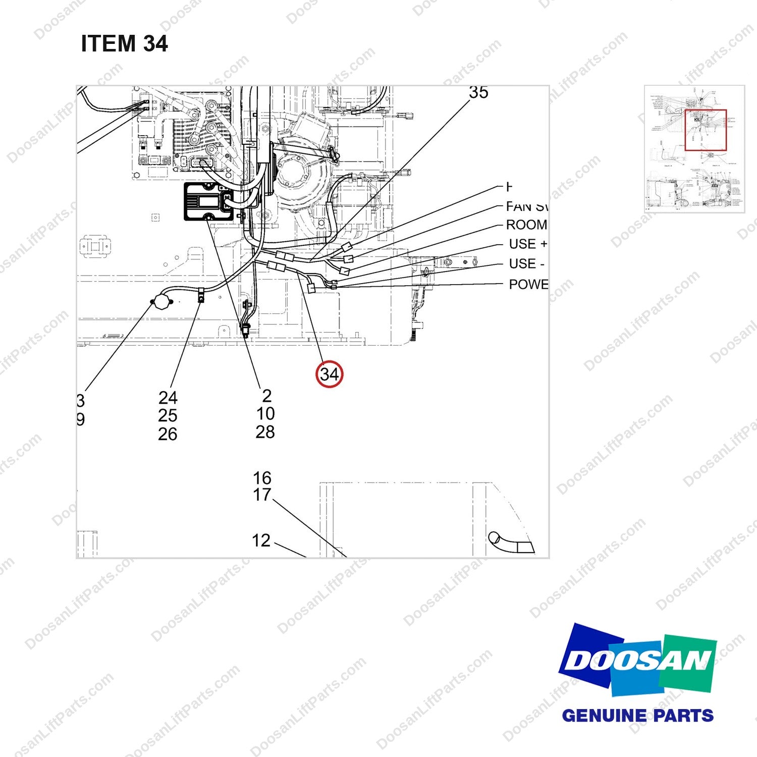 310207-08035 WIRE GROUP - parts diagram, item 34 shown - genuine Doosan / Bobcat forklift part
