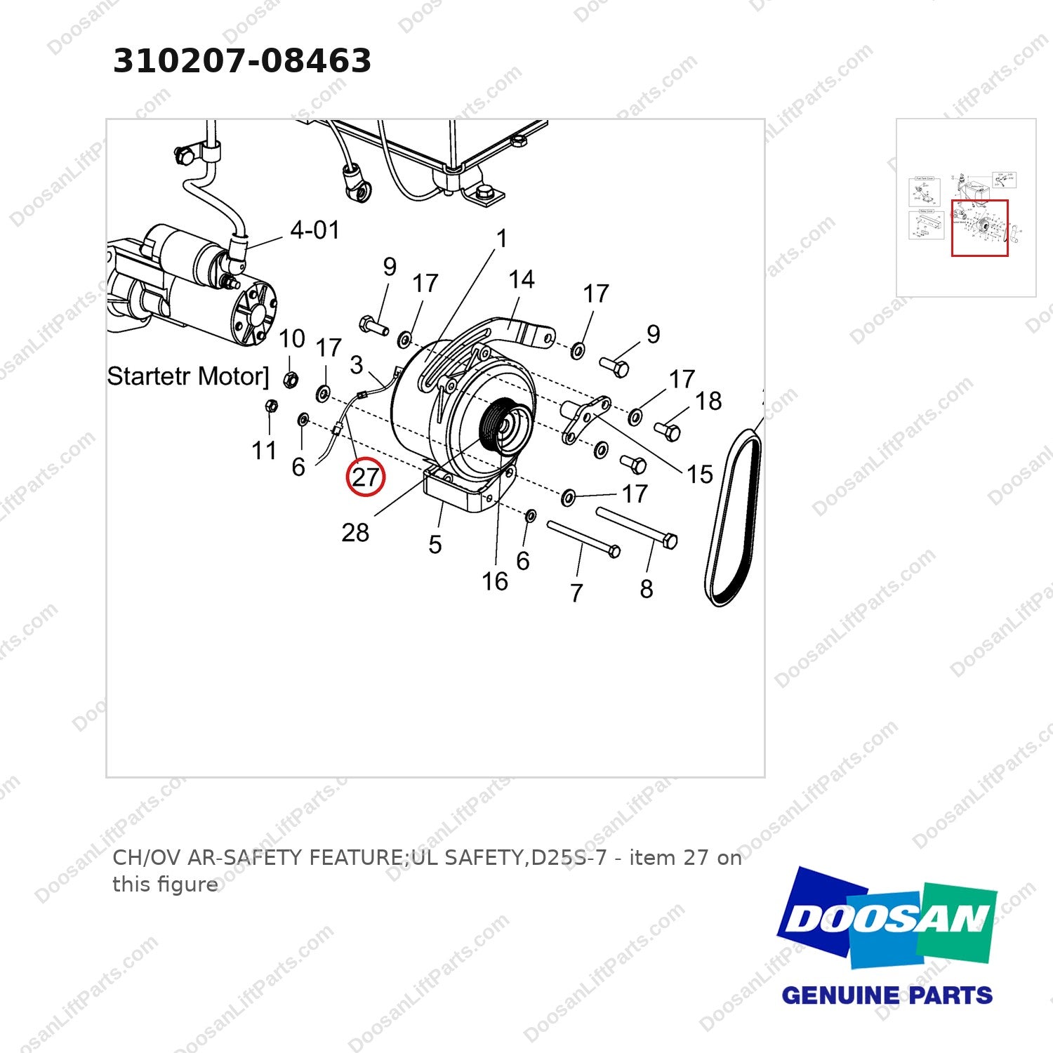 310207-08463 CH/OV AR-SAFETY FEATURE;UL SAFETY,D25S-7 - parts diagram, item 27 shown - genuine Doosan / Bobcat forklift part