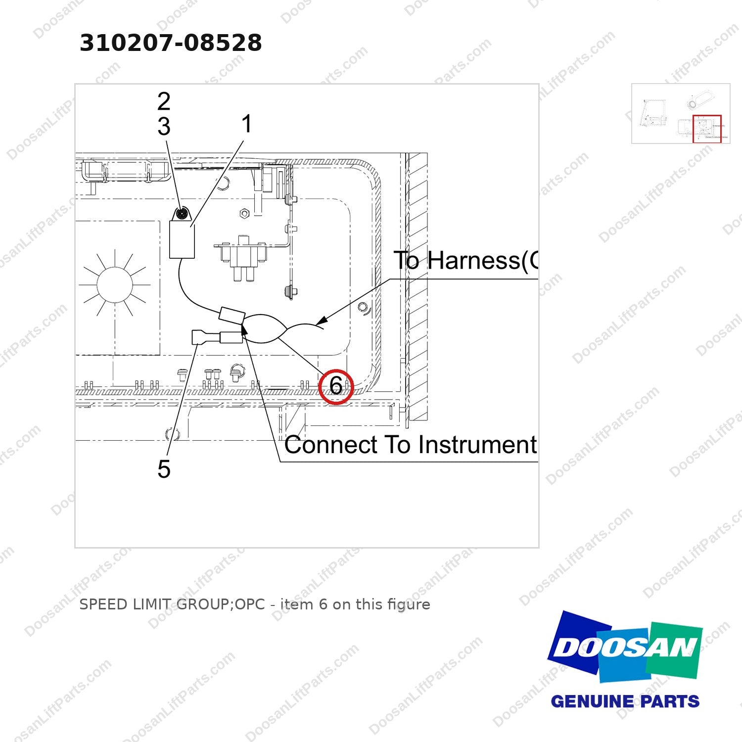 310207-08528 SPEED LIMIT GROUP;OPC - parts diagram, item 6 shown - genuine Doosan / Bobcat forklift part
