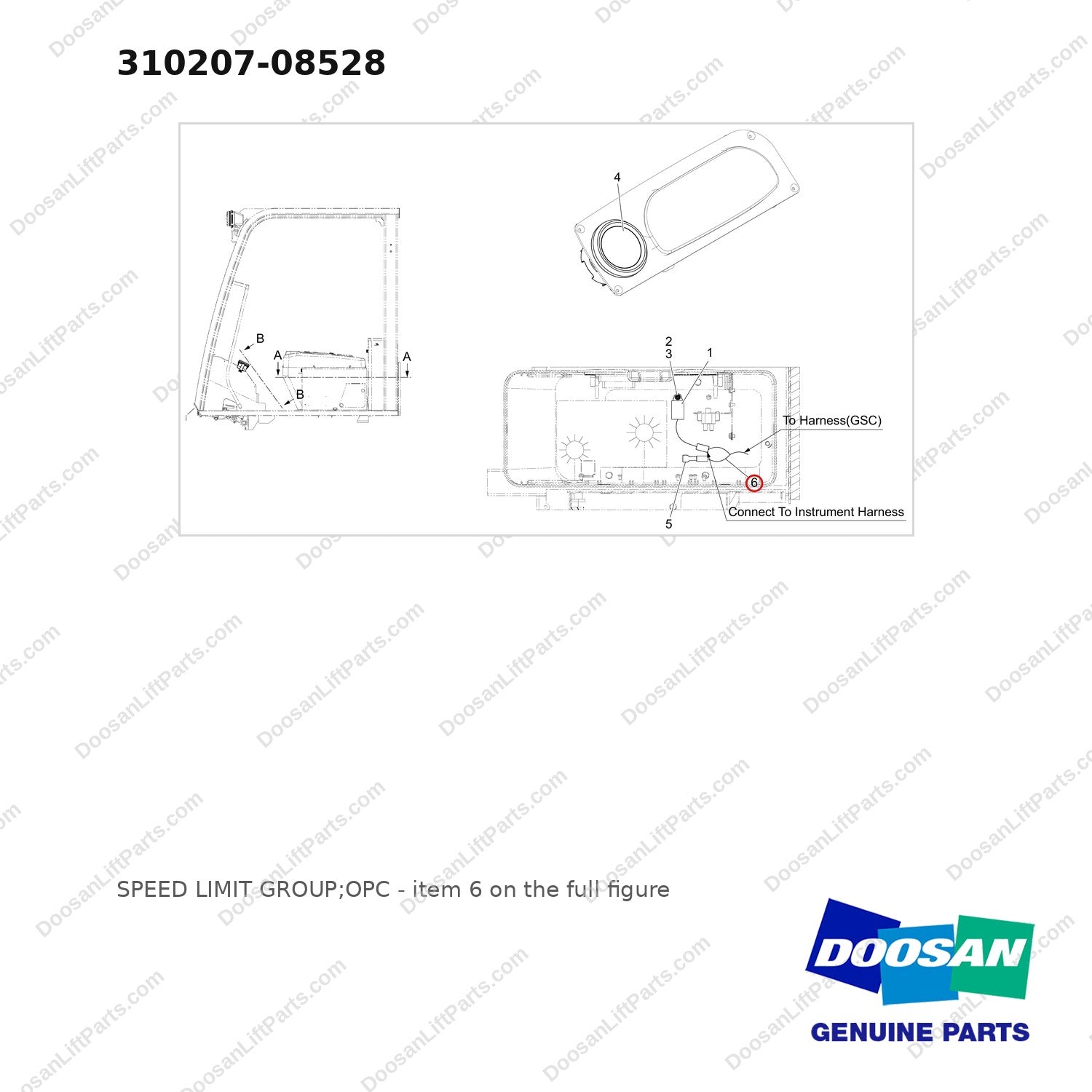 310207-08528 SPEED LIMIT GROUP;OPC - full parts diagram, item 6 marked - genuine Doosan / Bobcat forklift part