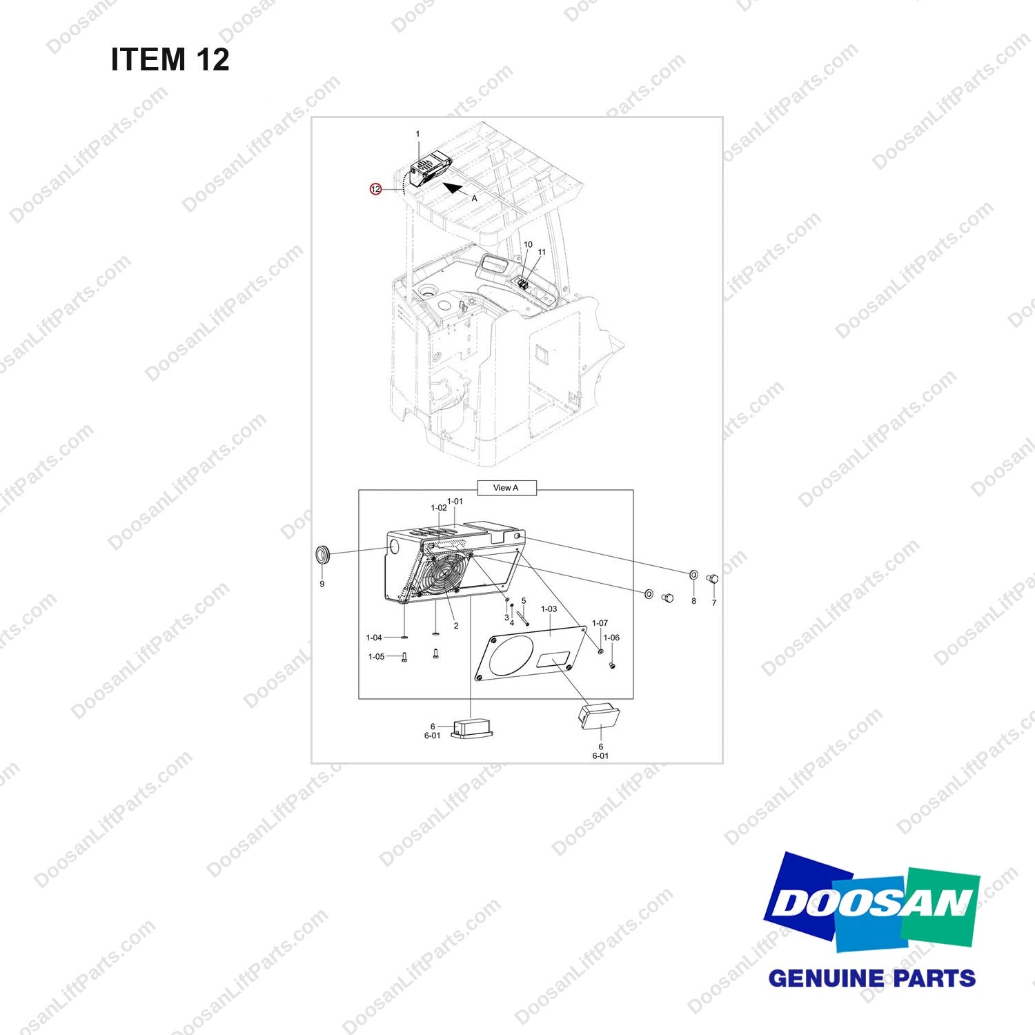310207-08748 FAN & OP LAMP - full parts diagram, item 12 marked - genuine Doosan / Bobcat forklift part