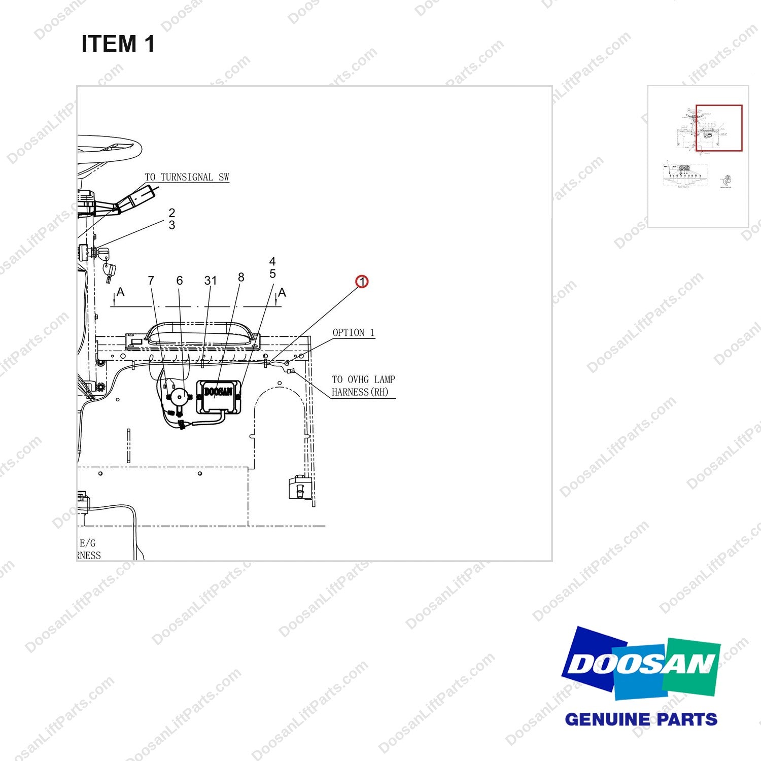 310207-09508 WIRING GROUP,LP - parts diagram, item 1 shown - genuine Doosan / Bobcat forklift part