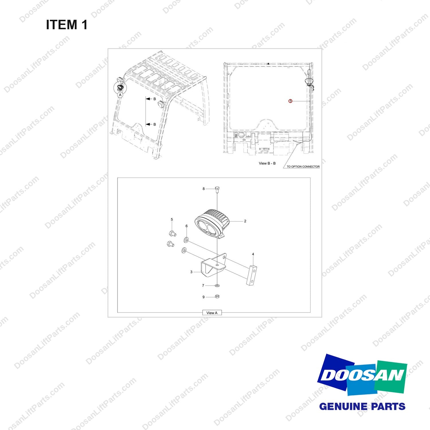 310207-09570 OPTION-SAFETY LIGHT;BLUE,OVHD,FRONT - full parts diagram, item 1 marked - genuine Doosan / Bobcat forklift part