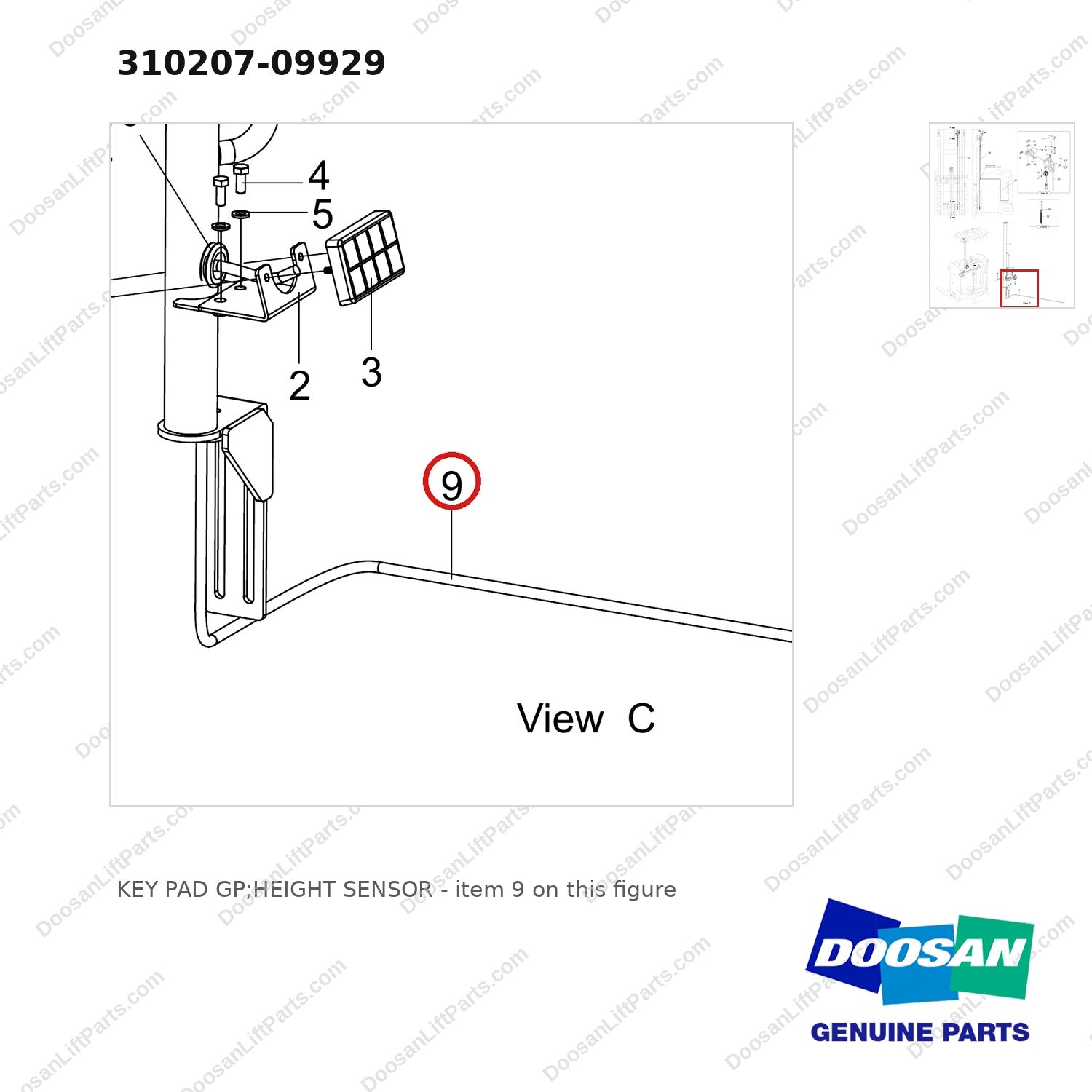310207-09929 KEY PAD GP;HEIGHT SENSOR - parts diagram, item 9 shown - genuine Doosan / Bobcat forklift part