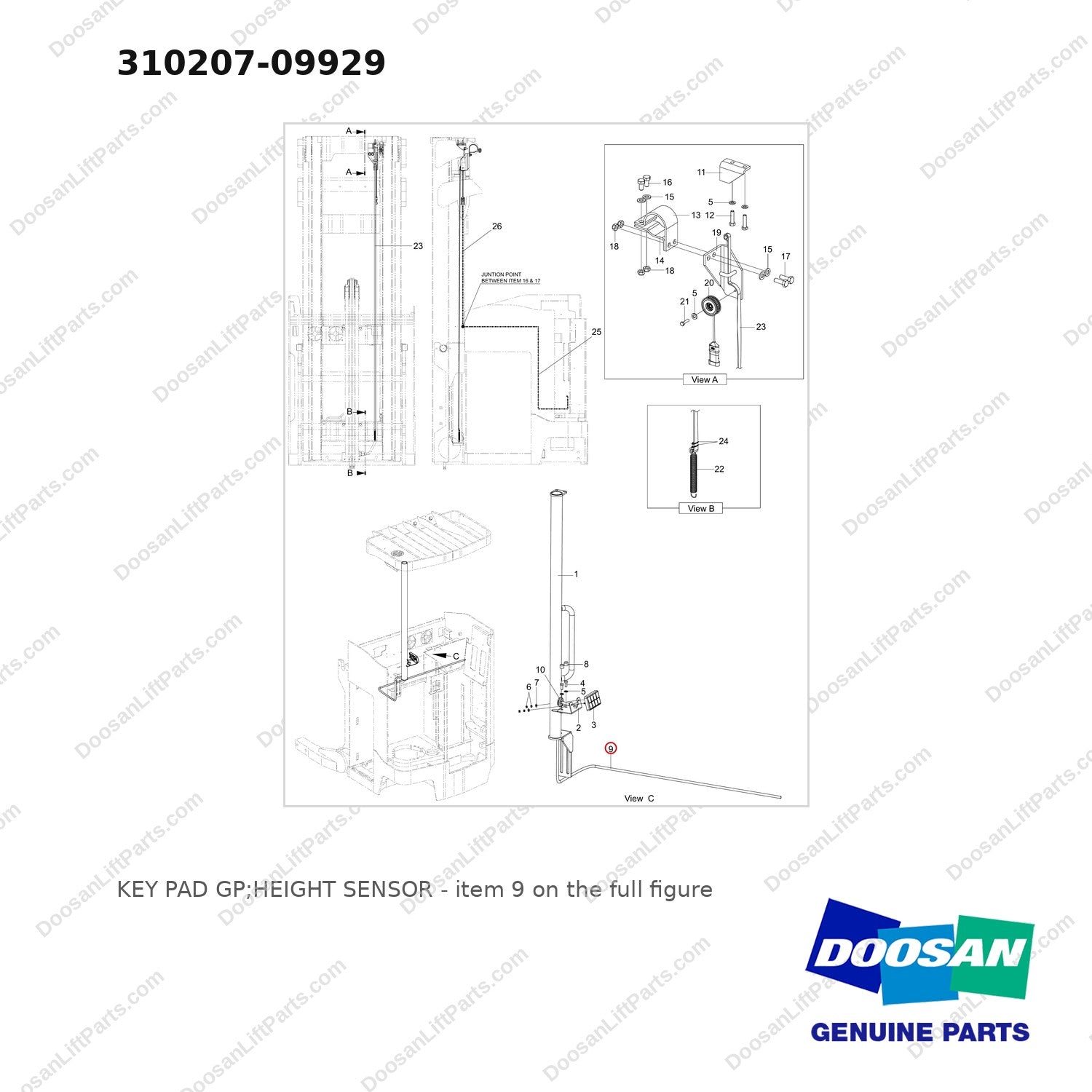 310207-09929 KEY PAD GP;HEIGHT SENSOR - full parts diagram, item 9 marked - genuine Doosan / Bobcat forklift part