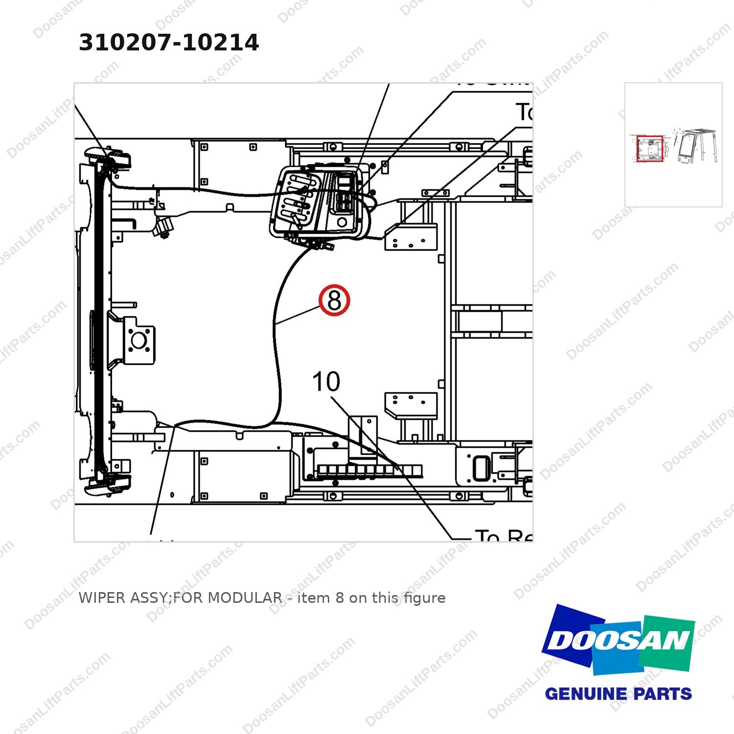 310207-10214 WIPER ASSY;FOR MODULAR - parts diagram, item 8 shown - genuine Doosan / Bobcat forklift part