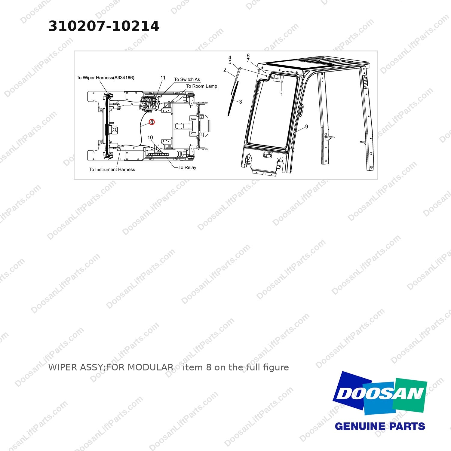 310207-10214 WIPER ASSY;FOR MODULAR - full parts diagram, item 8 marked - genuine Doosan / Bobcat forklift part