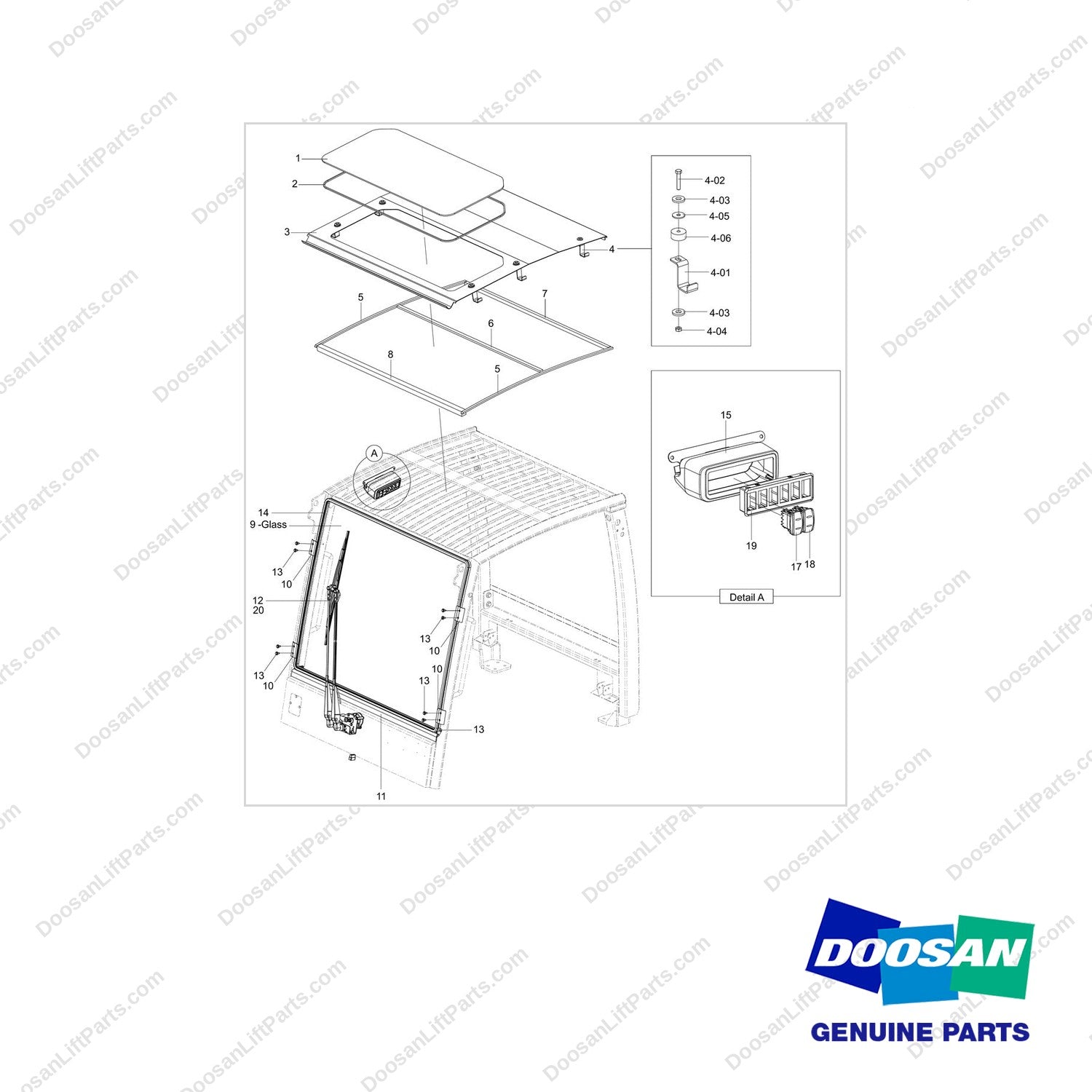 310207-10892 OVERHEAD GUARD;4T,STANDARD M/B W/ WIPER - full parts diagram - genuine Doosan / Bobcat forklift part