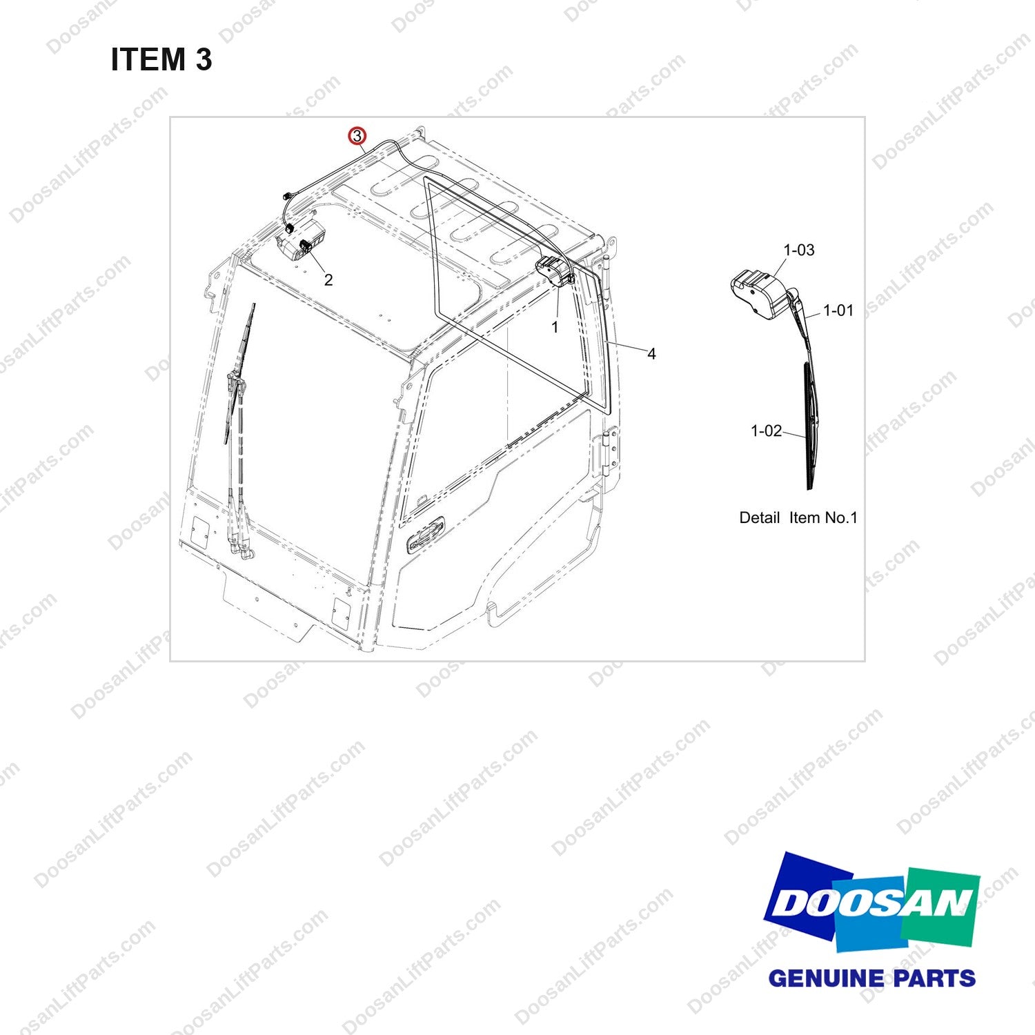 310207-10895 REAR WIPER;CABIN - full parts diagram, item 3 marked - genuine Doosan / Bobcat forklift part