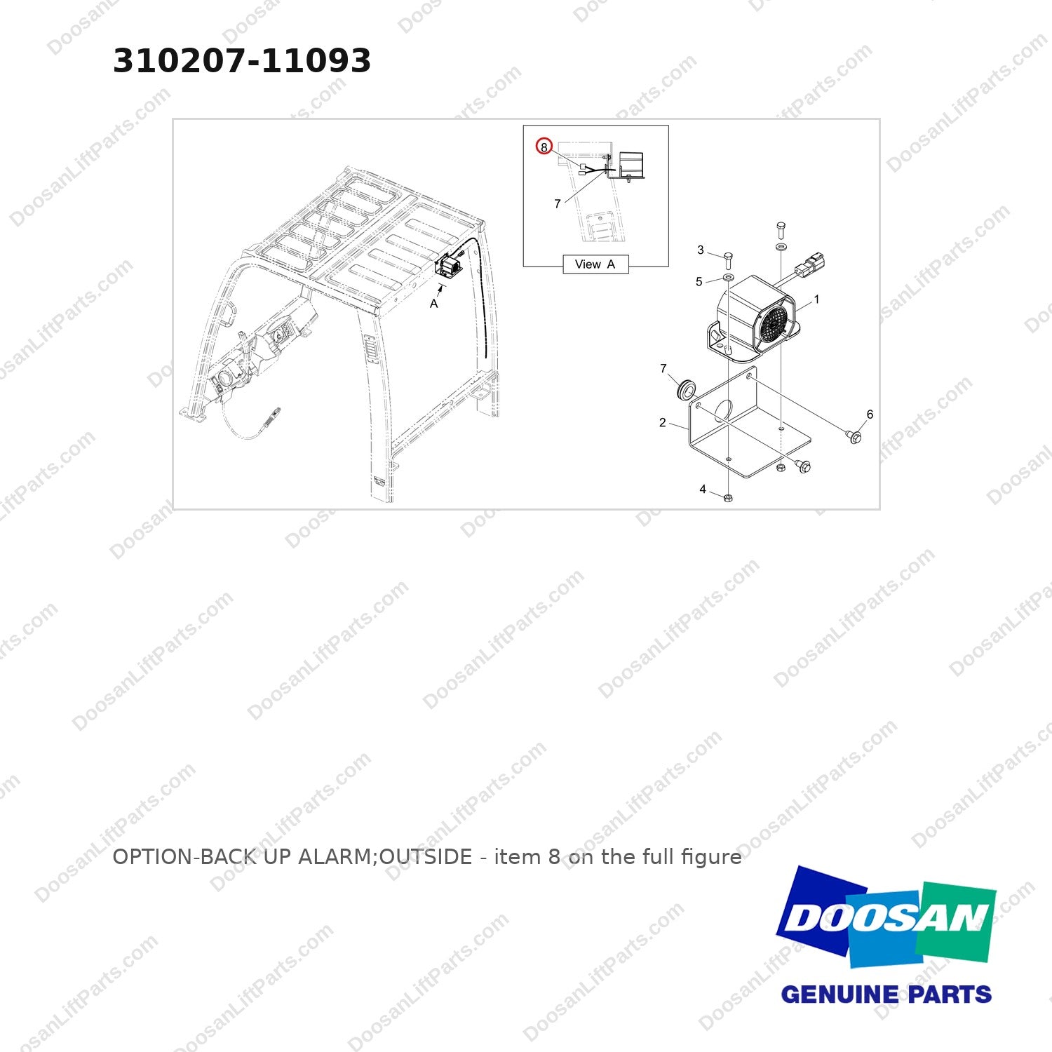 310207-11093 OPTION-BACK UP ALARM;OUTSIDE - full parts diagram, item 8 marked - genuine Doosan / Bobcat forklift part
