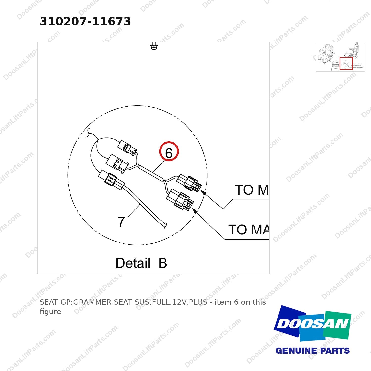 310207-11673 SEAT GP;GRAMMER SEAT SUS,FULL,12V,PLUS - parts diagram, item 6 shown - genuine Doosan / Bobcat forklift part