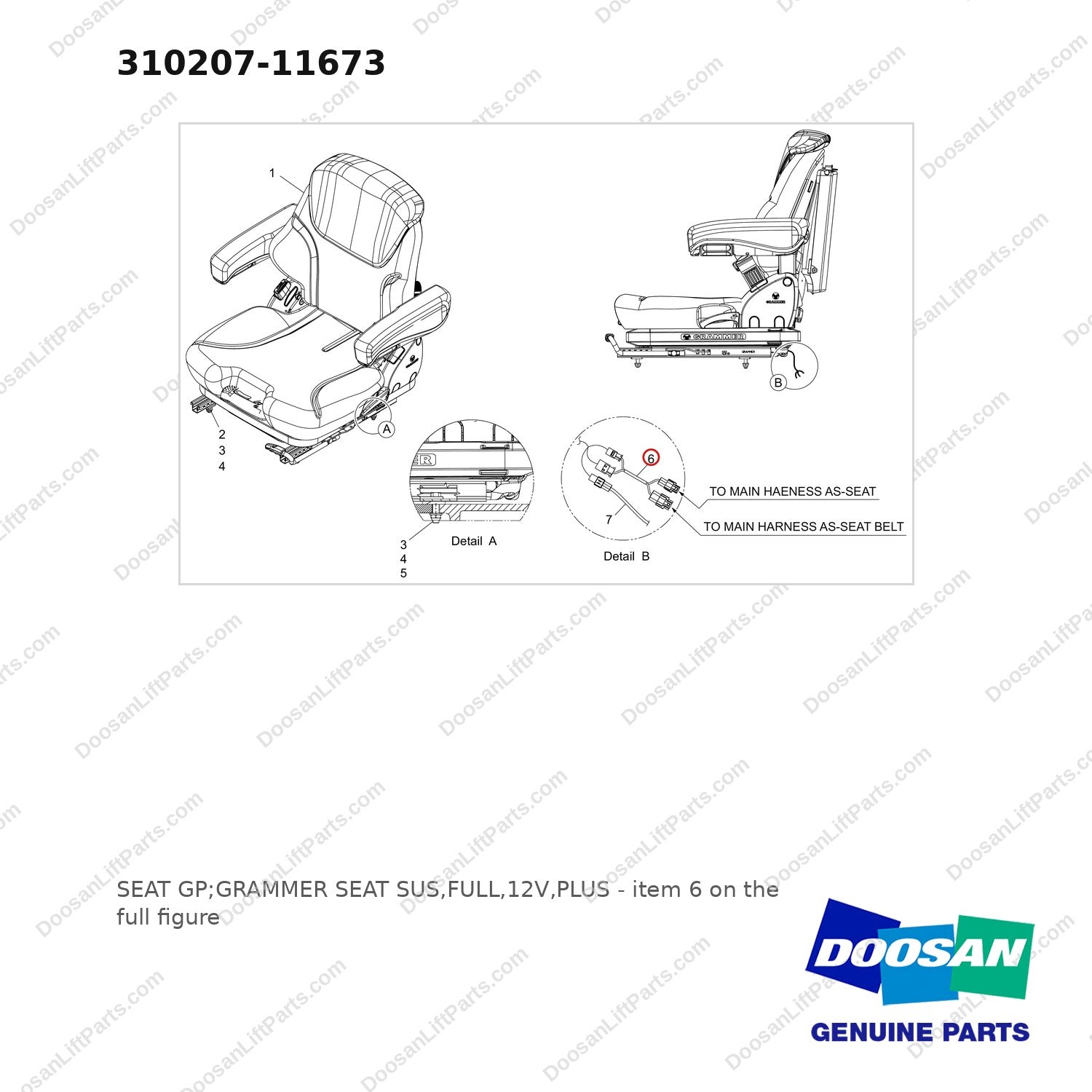 310207-11673 SEAT GP;GRAMMER SEAT SUS,FULL,12V,PLUS - full parts diagram, item 6 marked - genuine Doosan / Bobcat forklift part