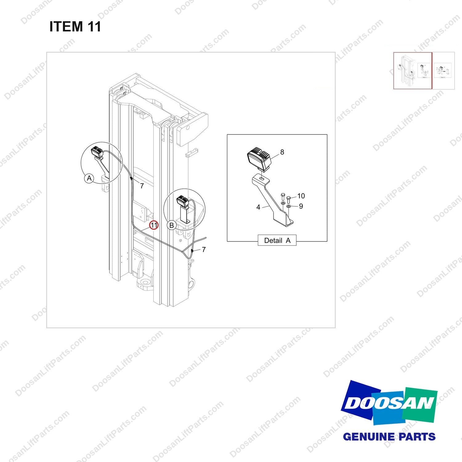 310207-11705 FRONT LAMP GROUP;LED, ON MAST - parts diagram, item 11 shown - genuine Doosan / Bobcat forklift part