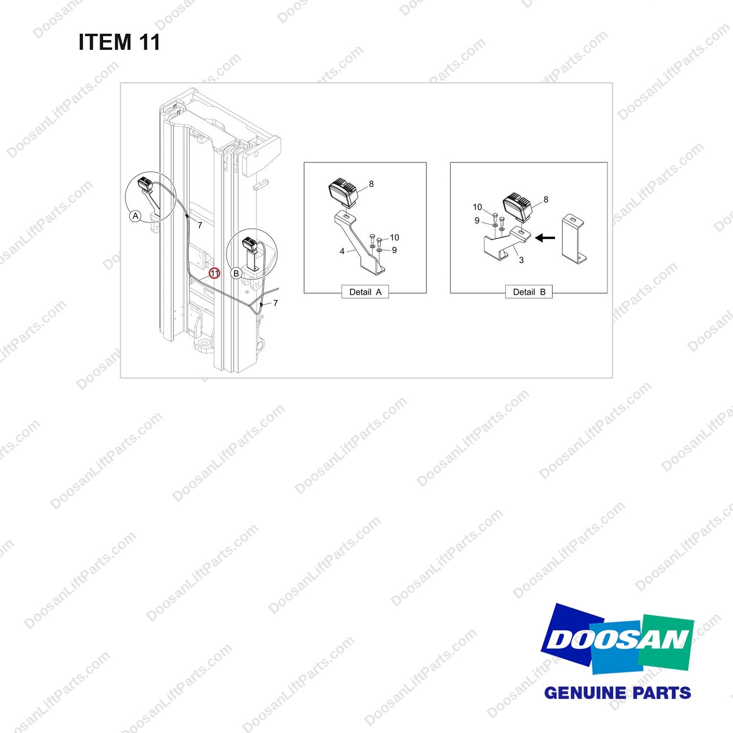 310207-11705 FRONT LAMP GROUP;LED, ON MAST - full parts diagram, item 11 marked - genuine Doosan / Bobcat forklift part