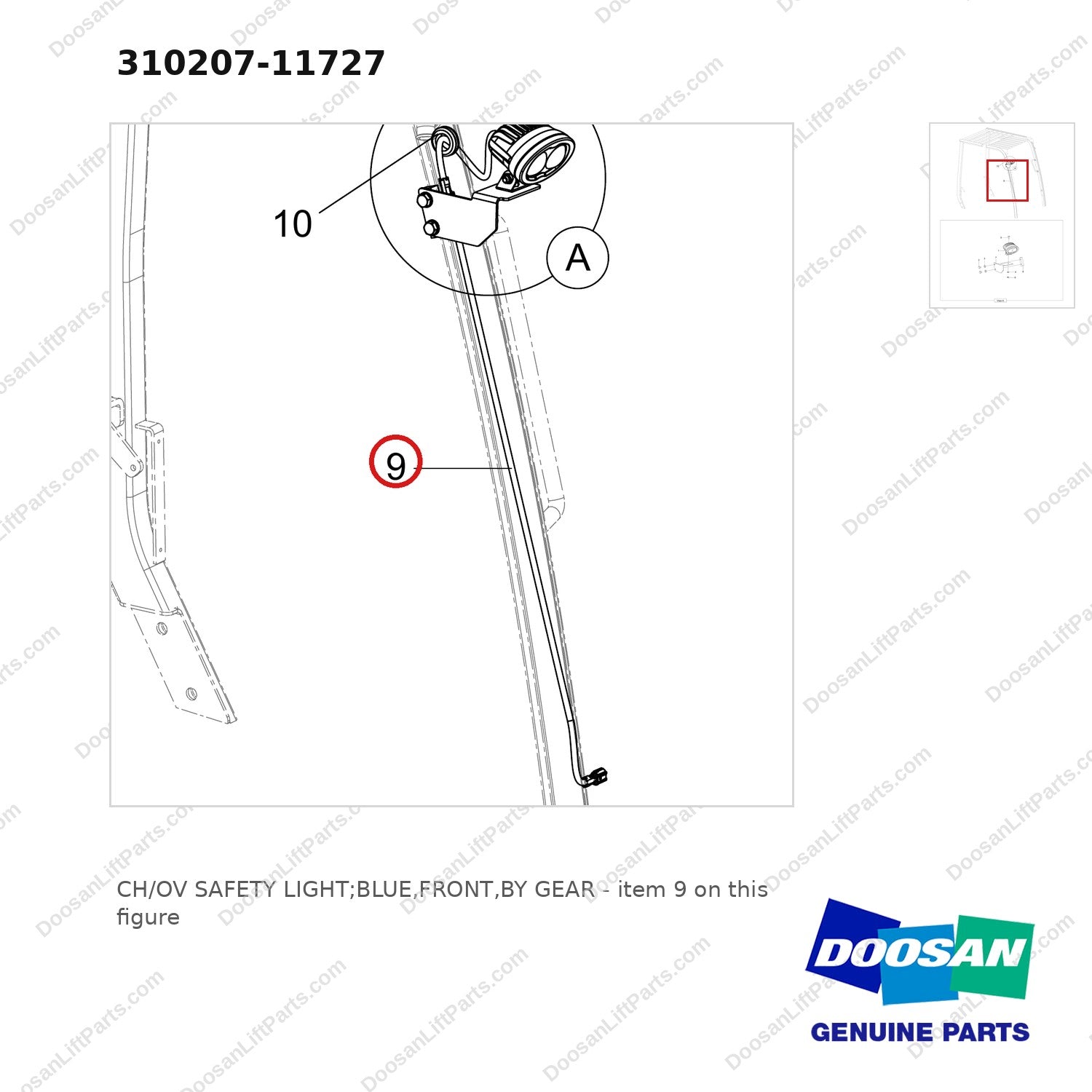 310207-11727 CH/OV SAFETY LIGHT;BLUE,FRONT,BY GEAR - parts diagram, item 9 shown - genuine Doosan / Bobcat forklift part