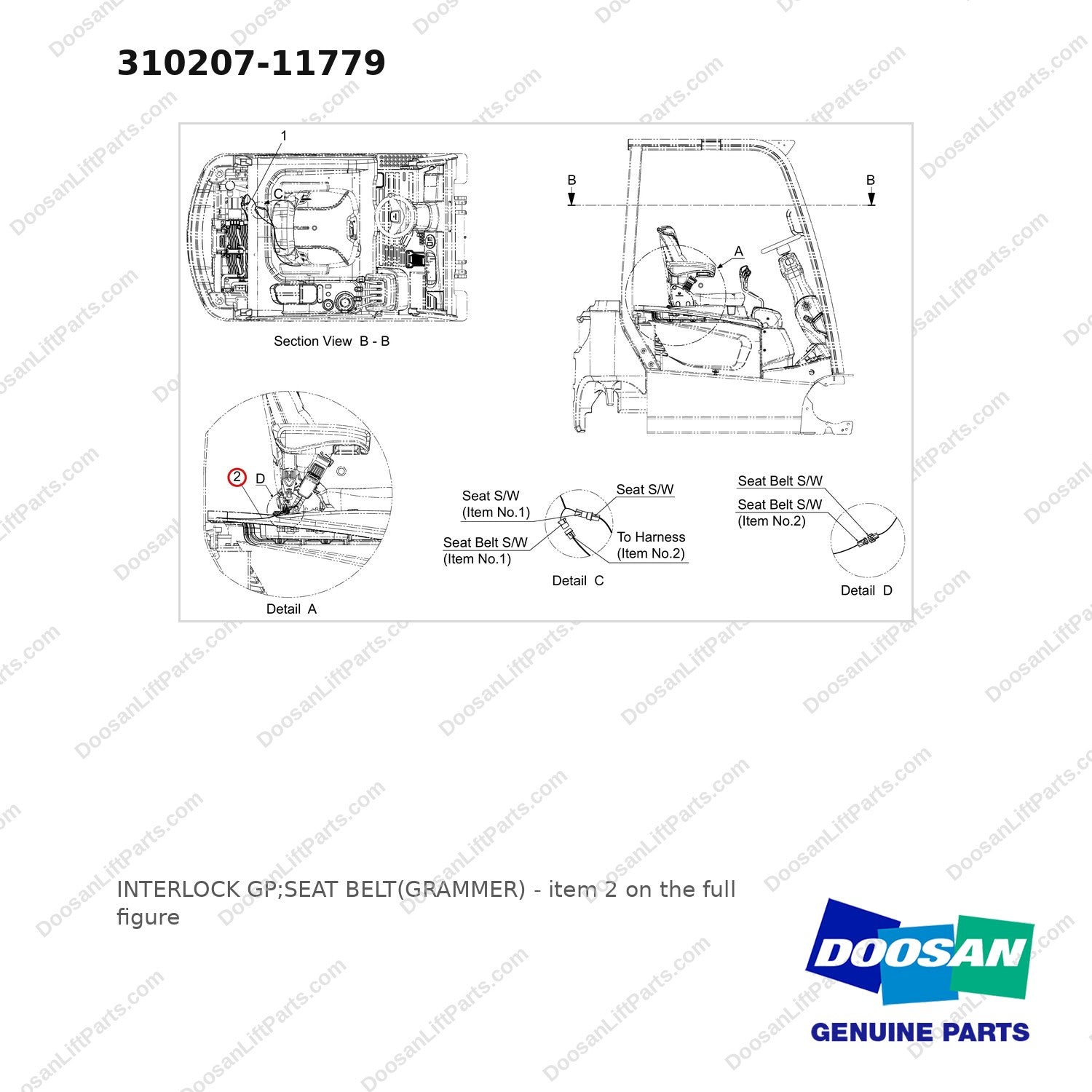 310207-11779 INTERLOCK GP;SEAT BELT(GRAMMER) - full parts diagram, item 2 marked - genuine Doosan / Bobcat forklift part