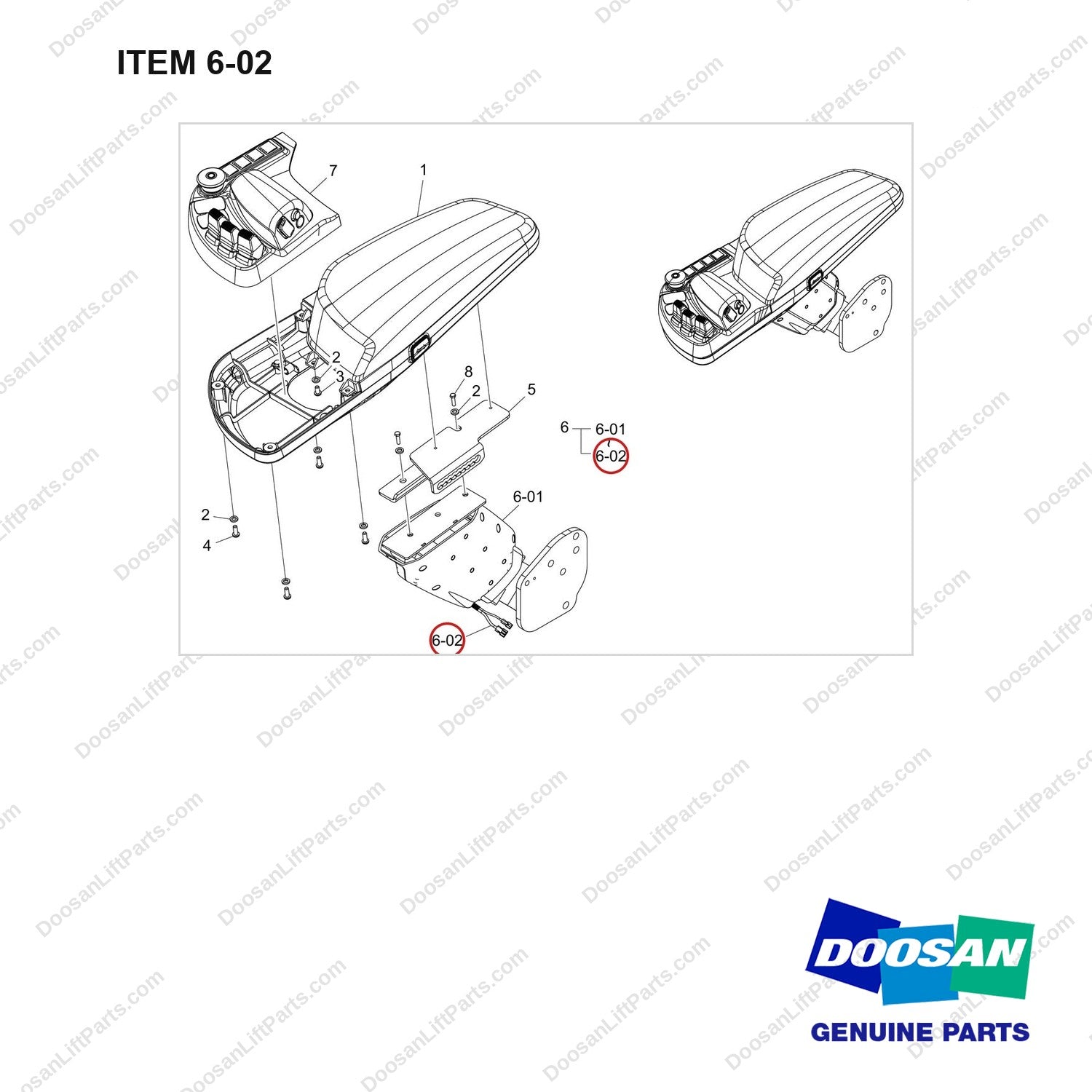 310207-11834 ARM SUB ASSY;FINGERTIP, 3WAY - full parts diagram, item 6-02 marked - genuine Doosan / Bobcat forklift part