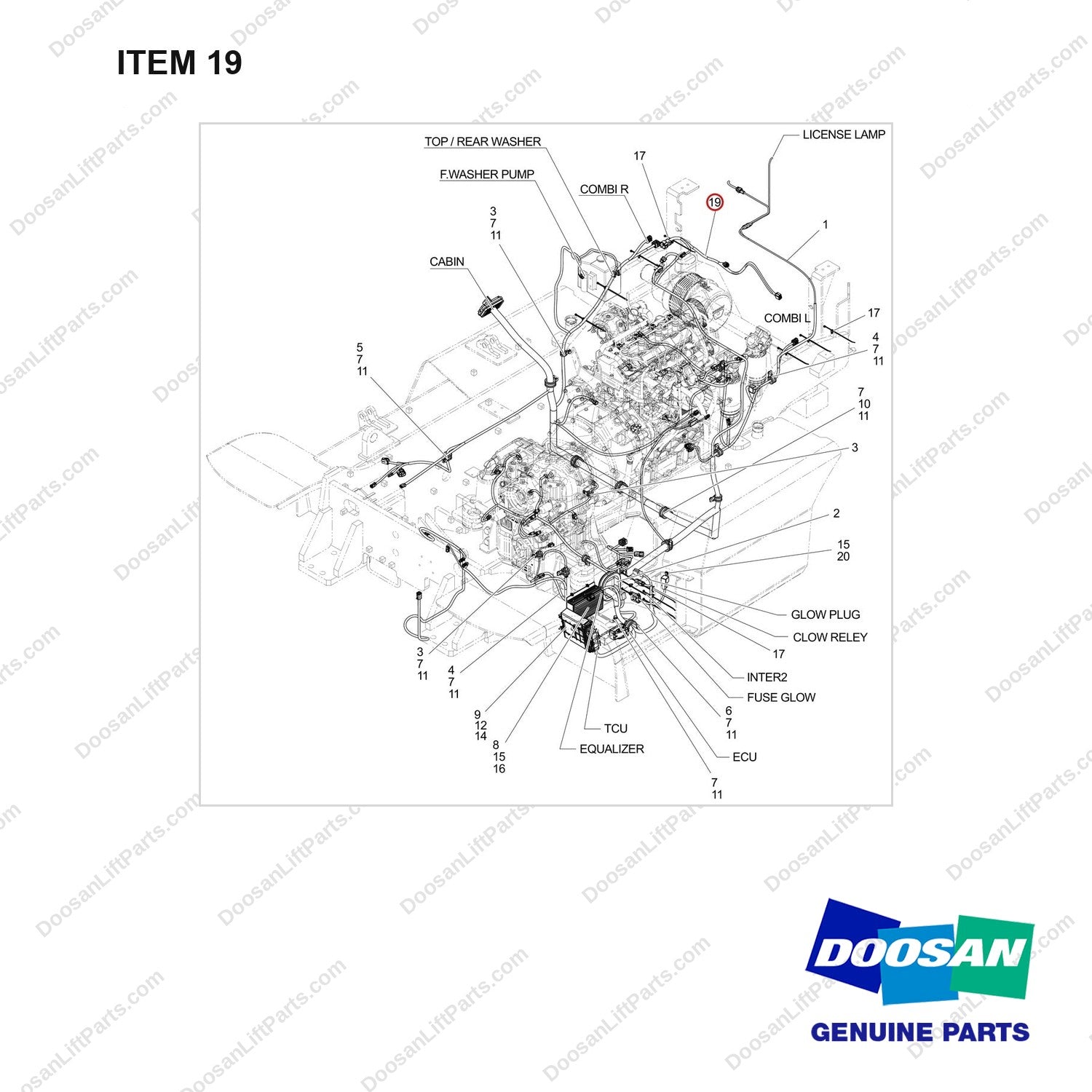 310207-11872 WIRING GP;SUB,55KW - full parts diagram, item 19 marked - genuine Doosan / Bobcat forklift part