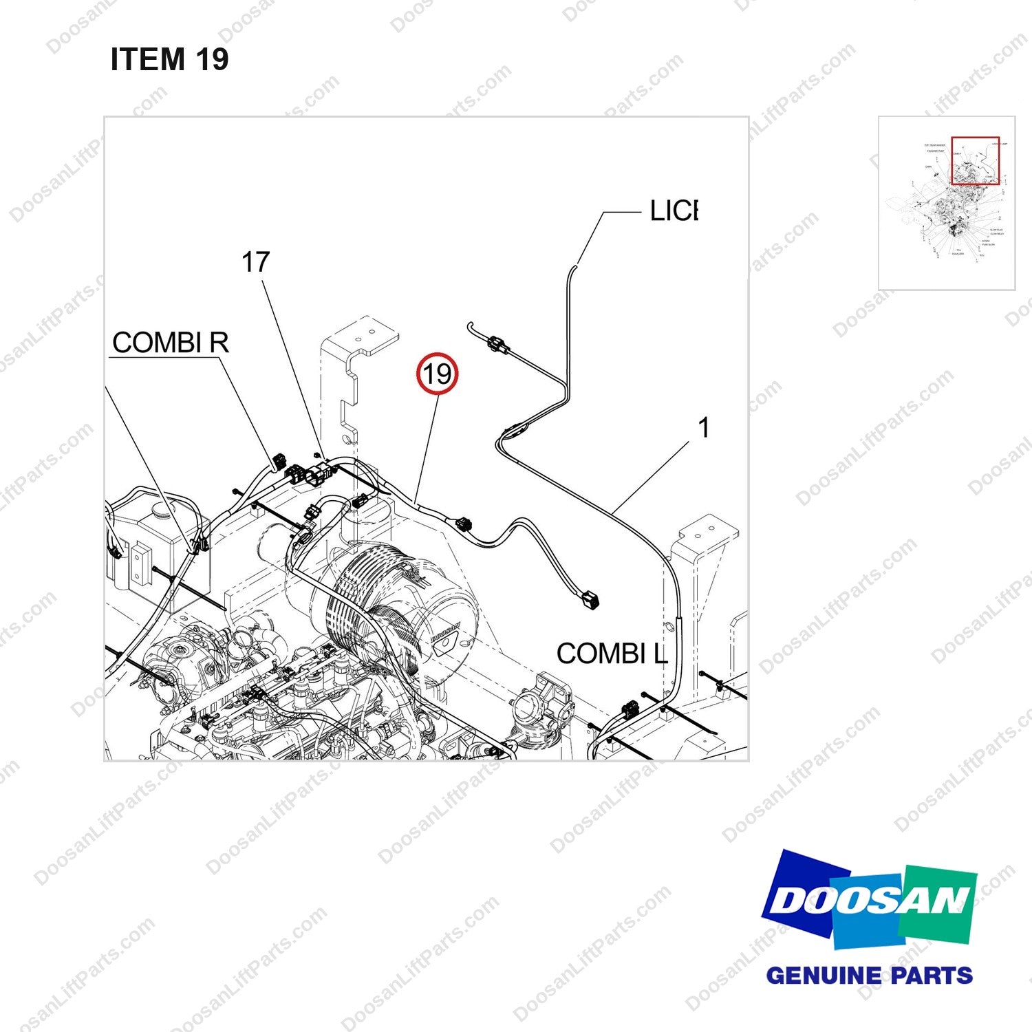 310207-11872 WIRING GP;SUB,55KW - parts diagram, item 19 shown - genuine Doosan / Bobcat forklift part