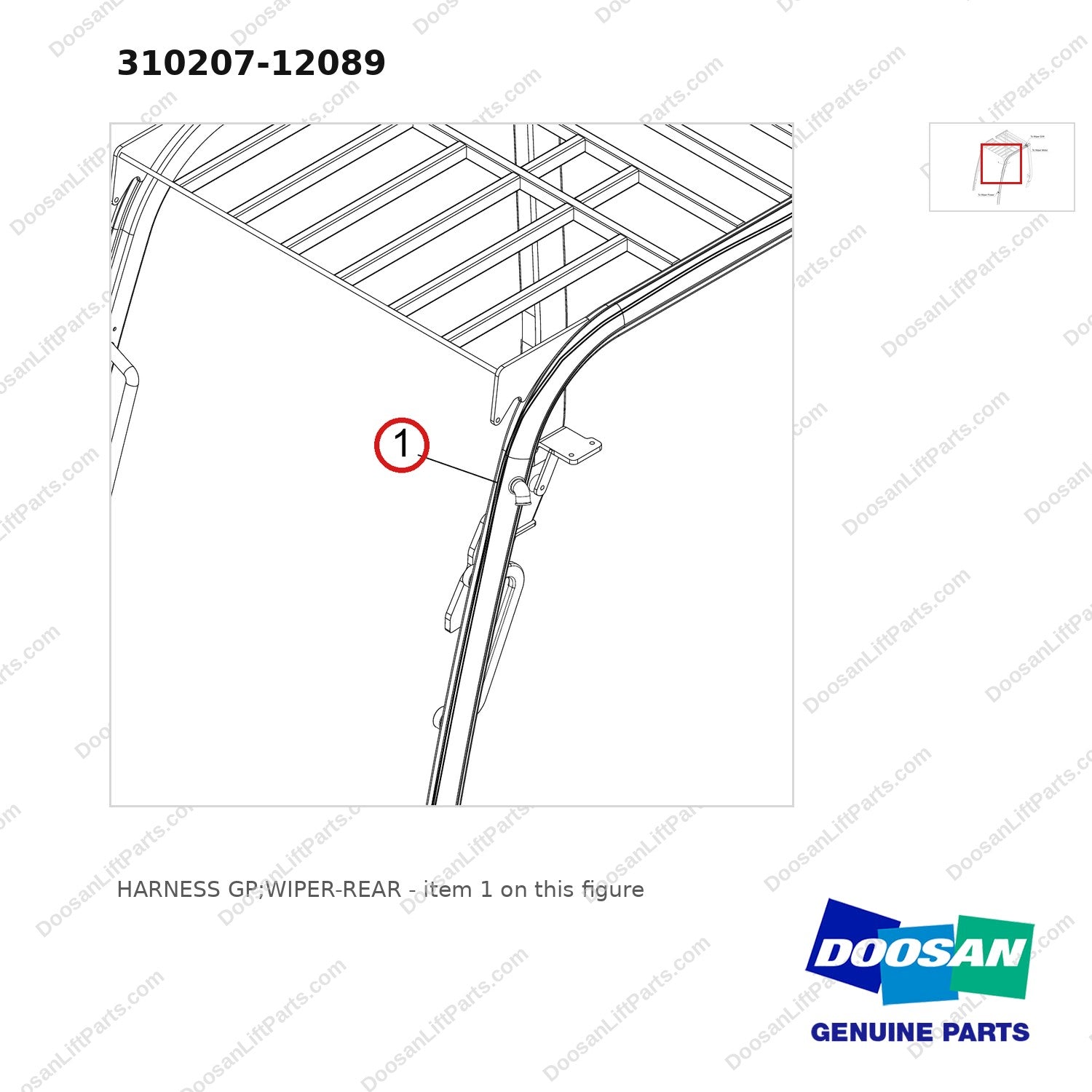 310207-12089 HARNESS GP;WIPER-REAR - parts diagram, item 1 shown - genuine Doosan / Bobcat forklift part