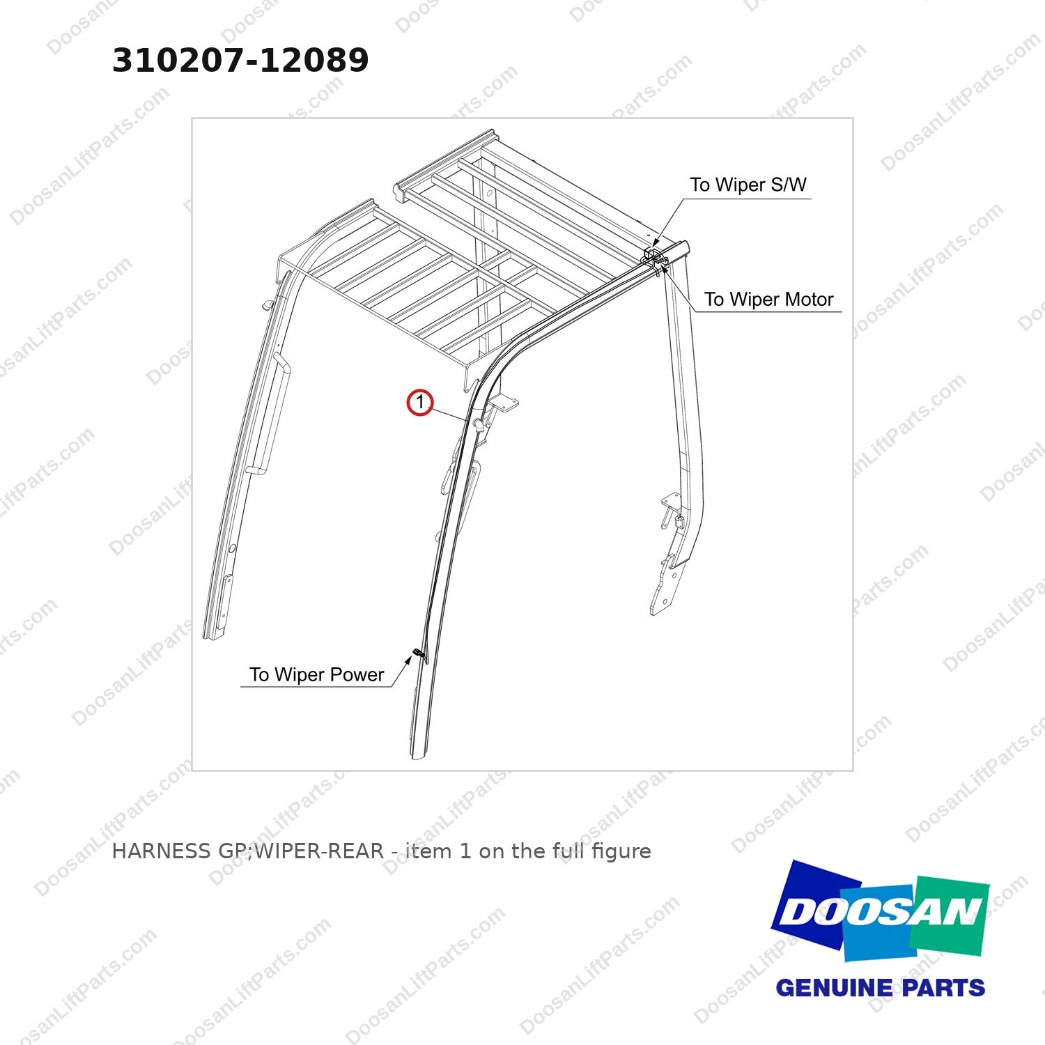 310207-12089 HARNESS GP;WIPER-REAR - full parts diagram, item 1 marked - genuine Doosan / Bobcat forklift part