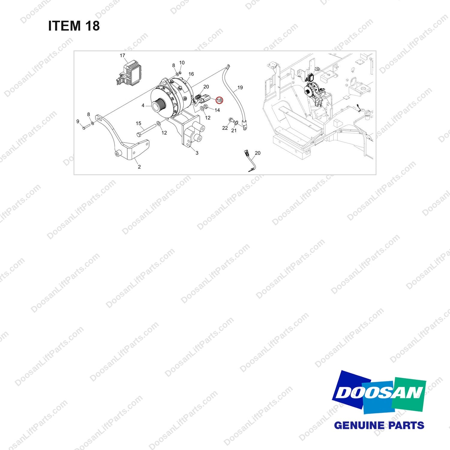 310207-12111 ALTERNATOR GP;DS,D70S-9 - full parts diagram, item 18 marked - genuine Doosan / Bobcat forklift part