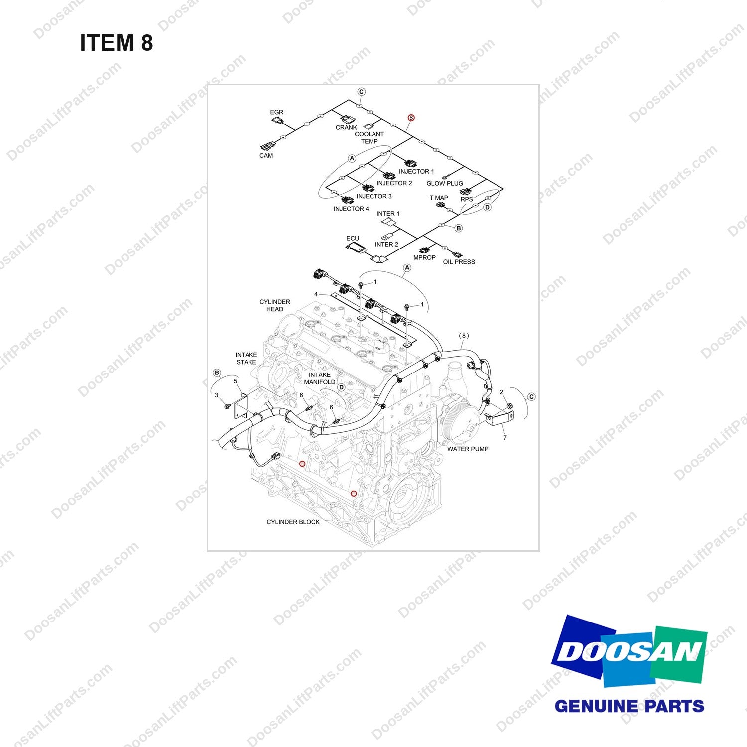 310207-12327 HARNESS ASSY,ENGINE;DN03,7TON,55KW,TIER4 - full parts diagram, item 8 marked - genuine Doosan / Bobcat forklift part