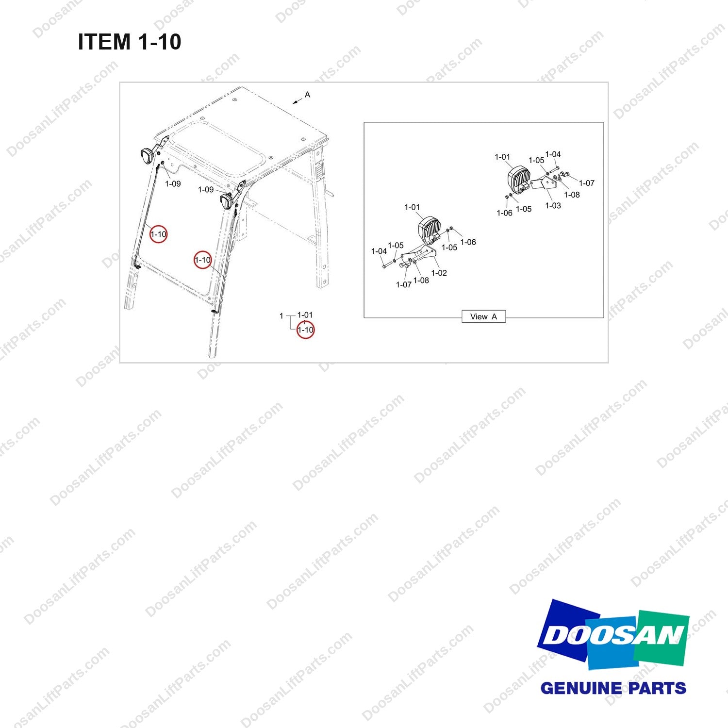 310207-12454 OPTION-FRONT LAMP;LED,MODULAR - full parts diagram, item 1-10 marked - genuine Doosan / Bobcat forklift part