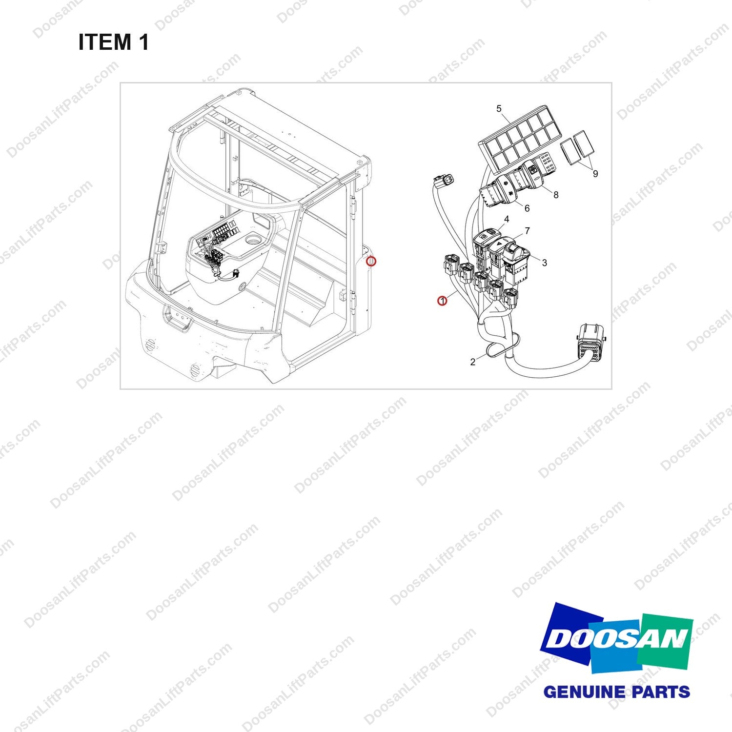 310207-12872 LHS WIRING GP;DV250S-9 - full parts diagram, item 1 marked - genuine Doosan / Bobcat forklift part