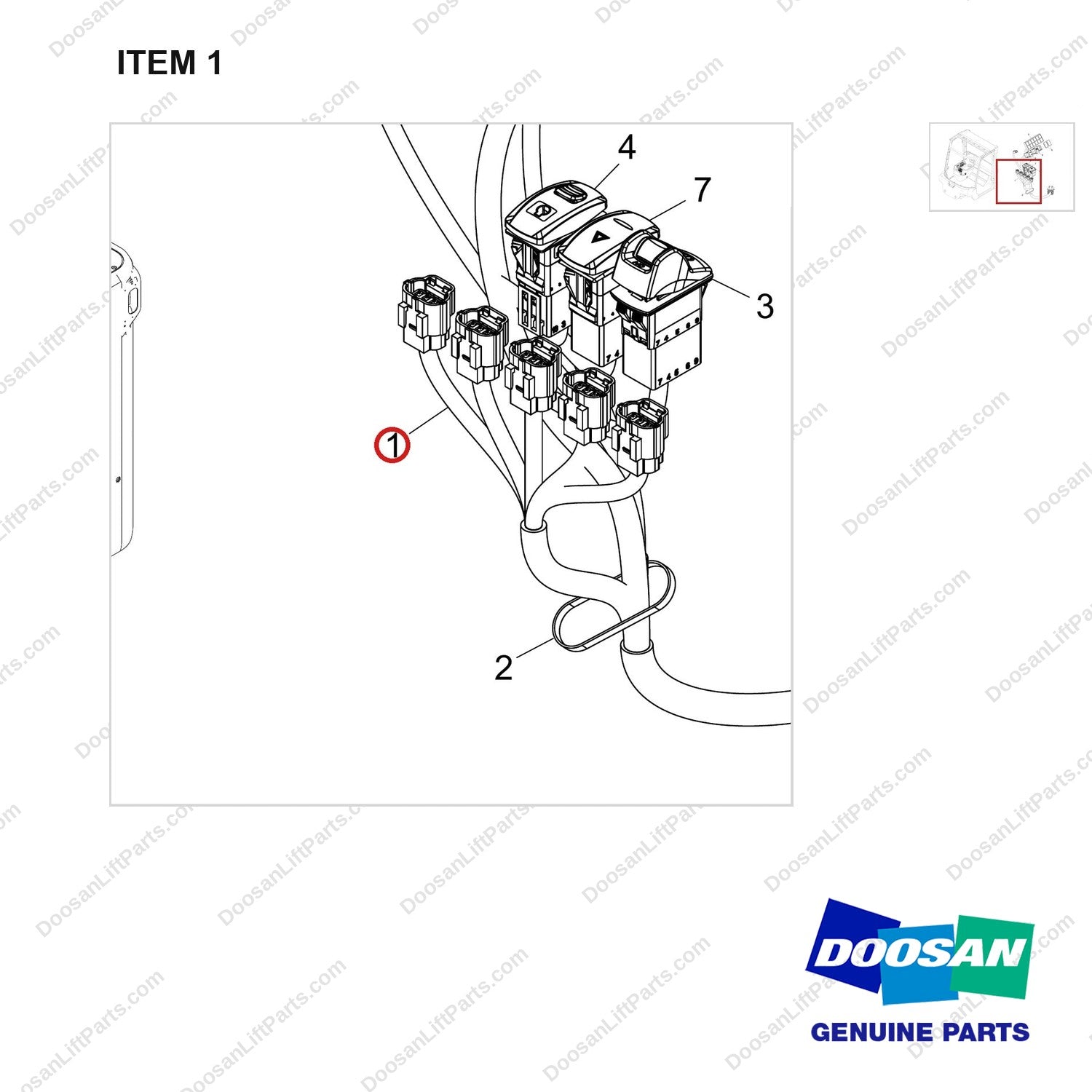 310207-12872 LHS WIRING GP;DV250S-9 - parts diagram, item 1 shown - genuine Doosan / Bobcat forklift part