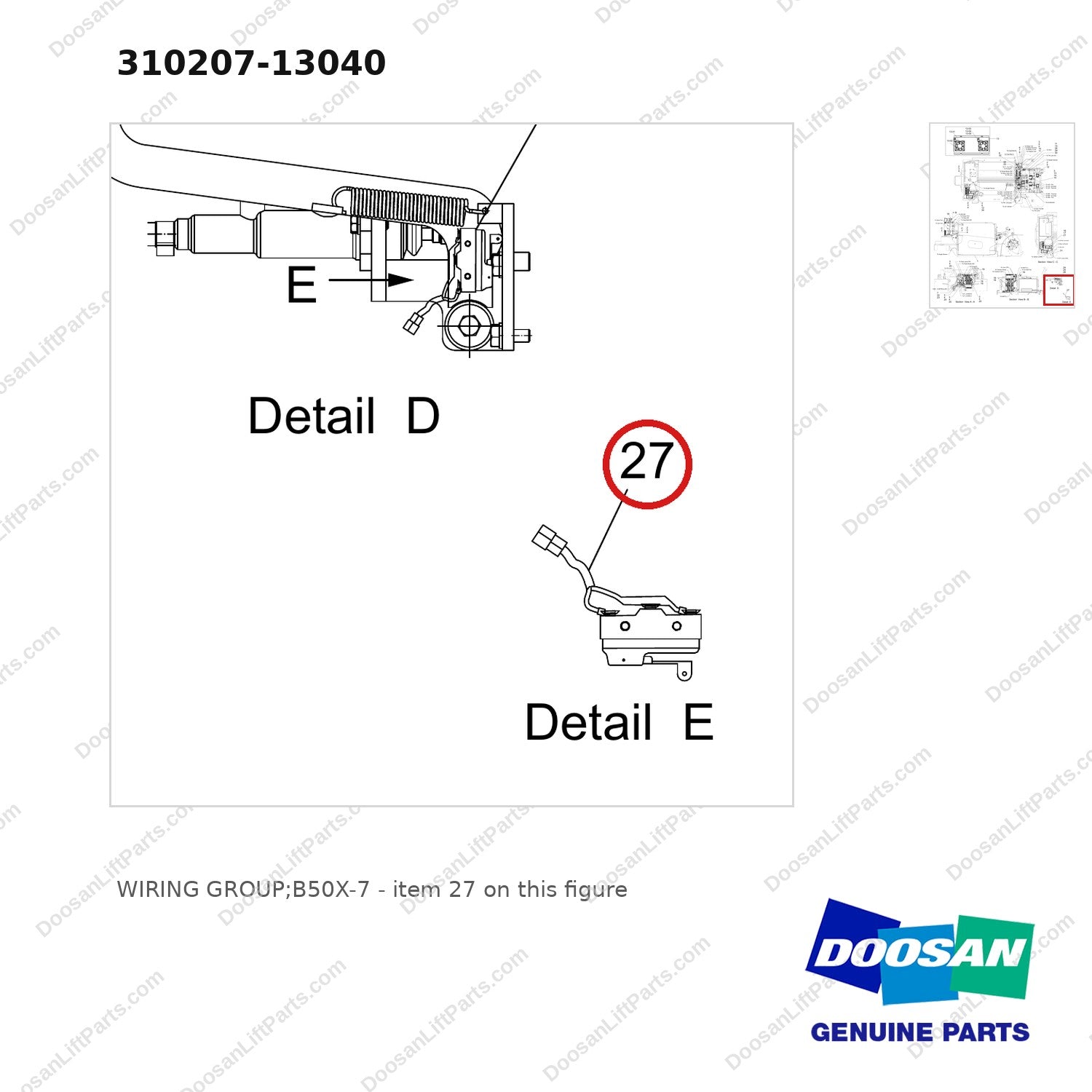 310207-13040 WIRING GROUP;B50X-7 - parts diagram, item 27 shown - genuine Doosan / Bobcat forklift part