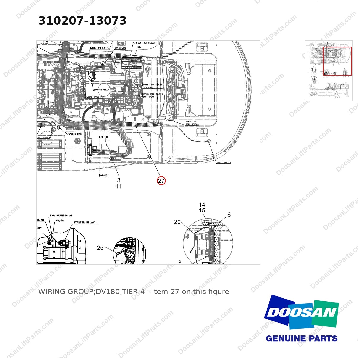 310207-13073 WIRING GROUP;DV180,TIER-4 - parts diagram, item 27 shown - genuine Doosan / Bobcat forklift part
