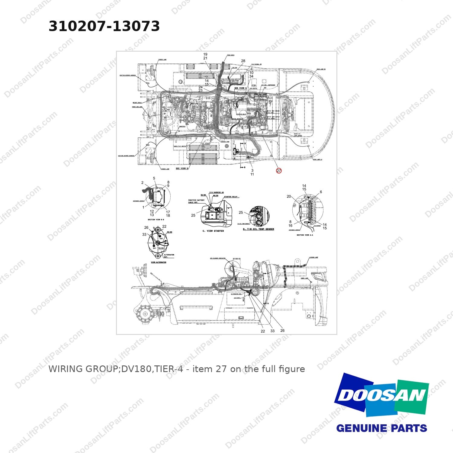 310207-13073 WIRING GROUP;DV180,TIER-4 - full parts diagram, item 27 marked - genuine Doosan / Bobcat forklift part