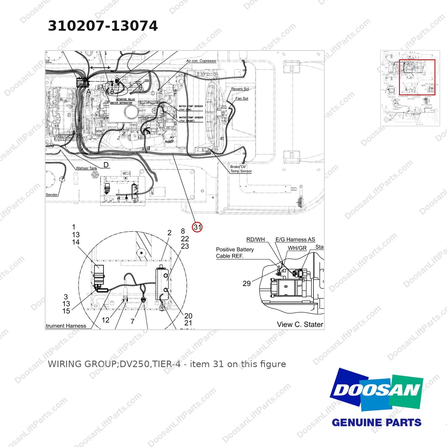 310207-13074 WIRING GROUP;DV250,TIER-4 - parts diagram, item 31 shown - genuine Doosan / Bobcat forklift part