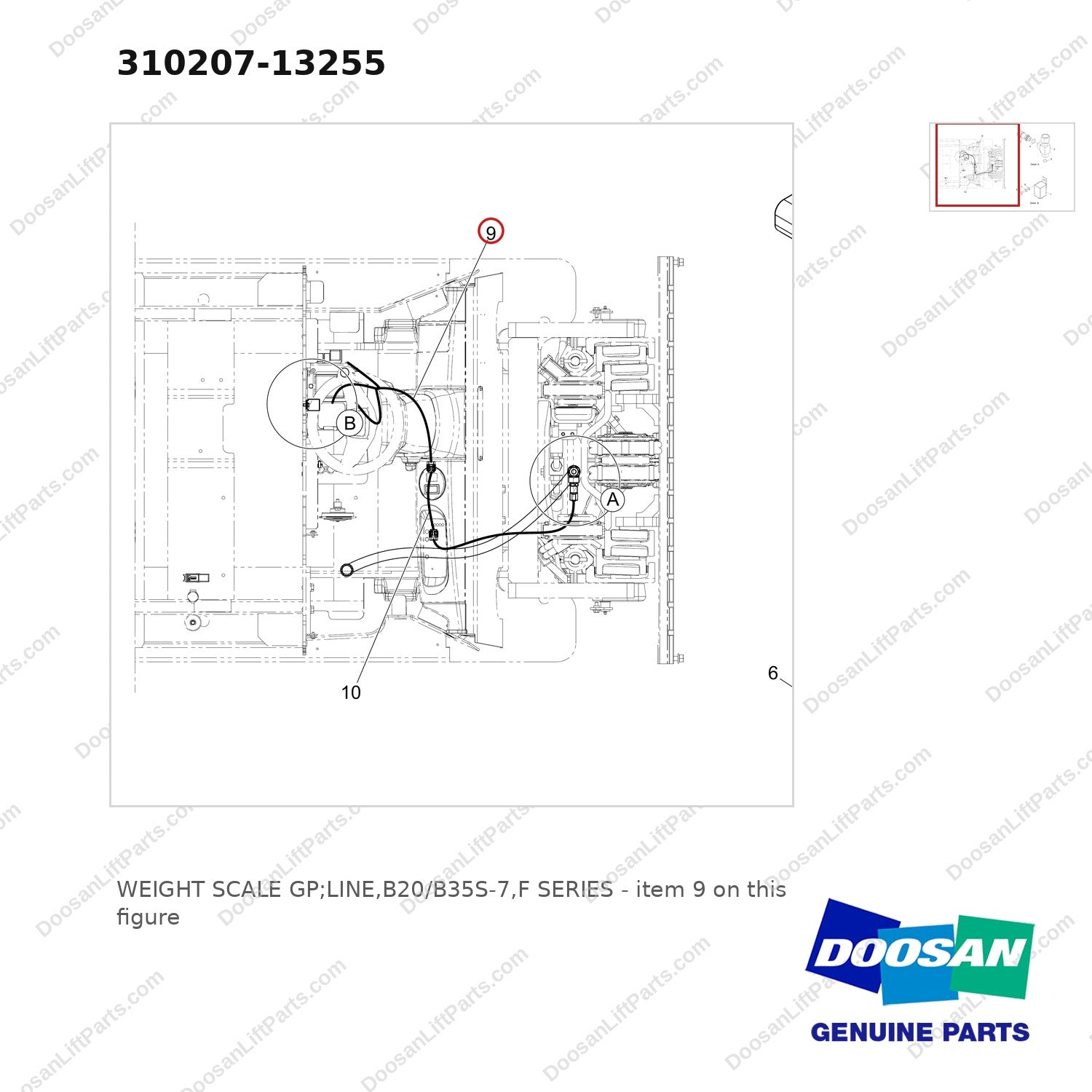 310207-13255 WEIGHT SCALE GP;LINE,B20/B35S-7,F SERIES - parts diagram, item 9 shown - genuine Doosan / Bobcat forklift part