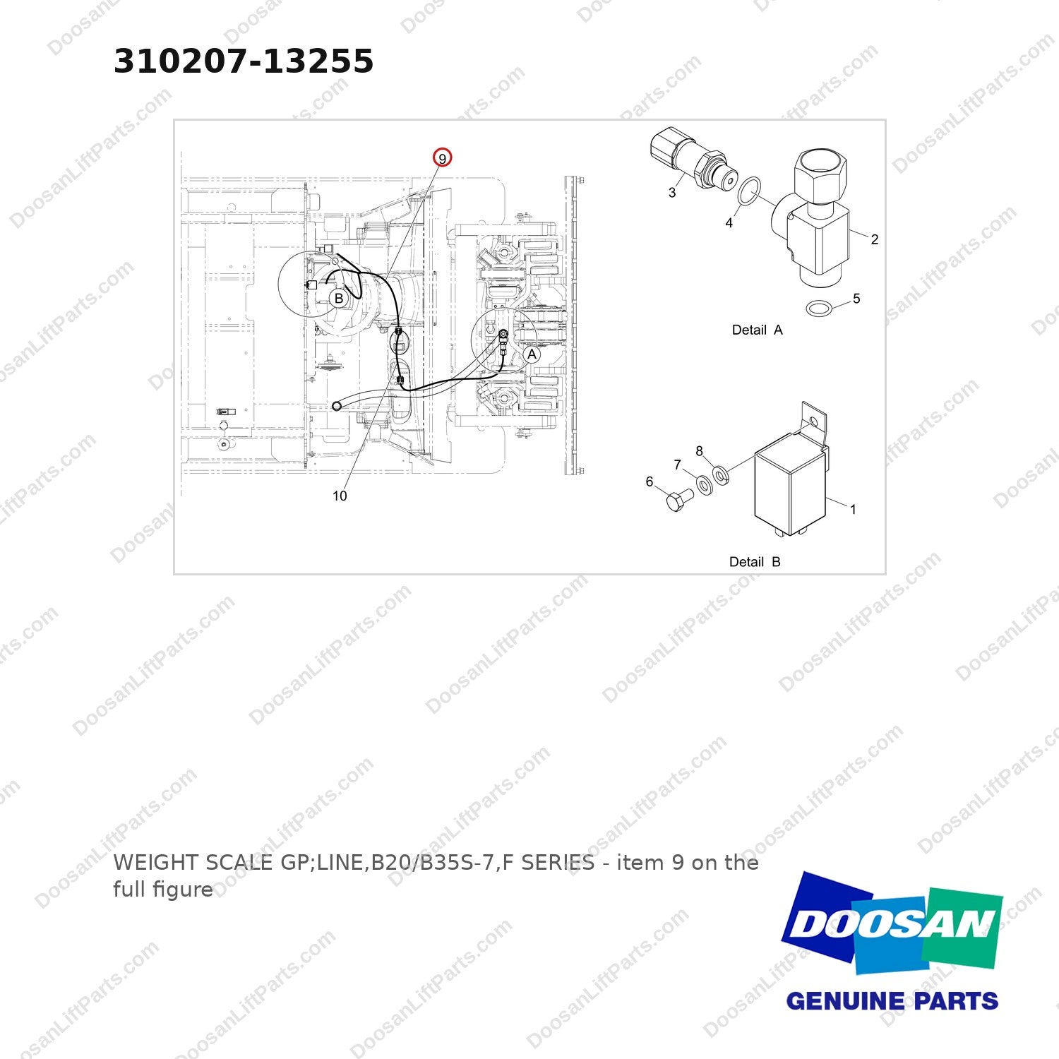 310207-13255 WEIGHT SCALE GP;LINE,B20/B35S-7,F SERIES - full parts diagram, item 9 marked - genuine Doosan / Bobcat forklift part