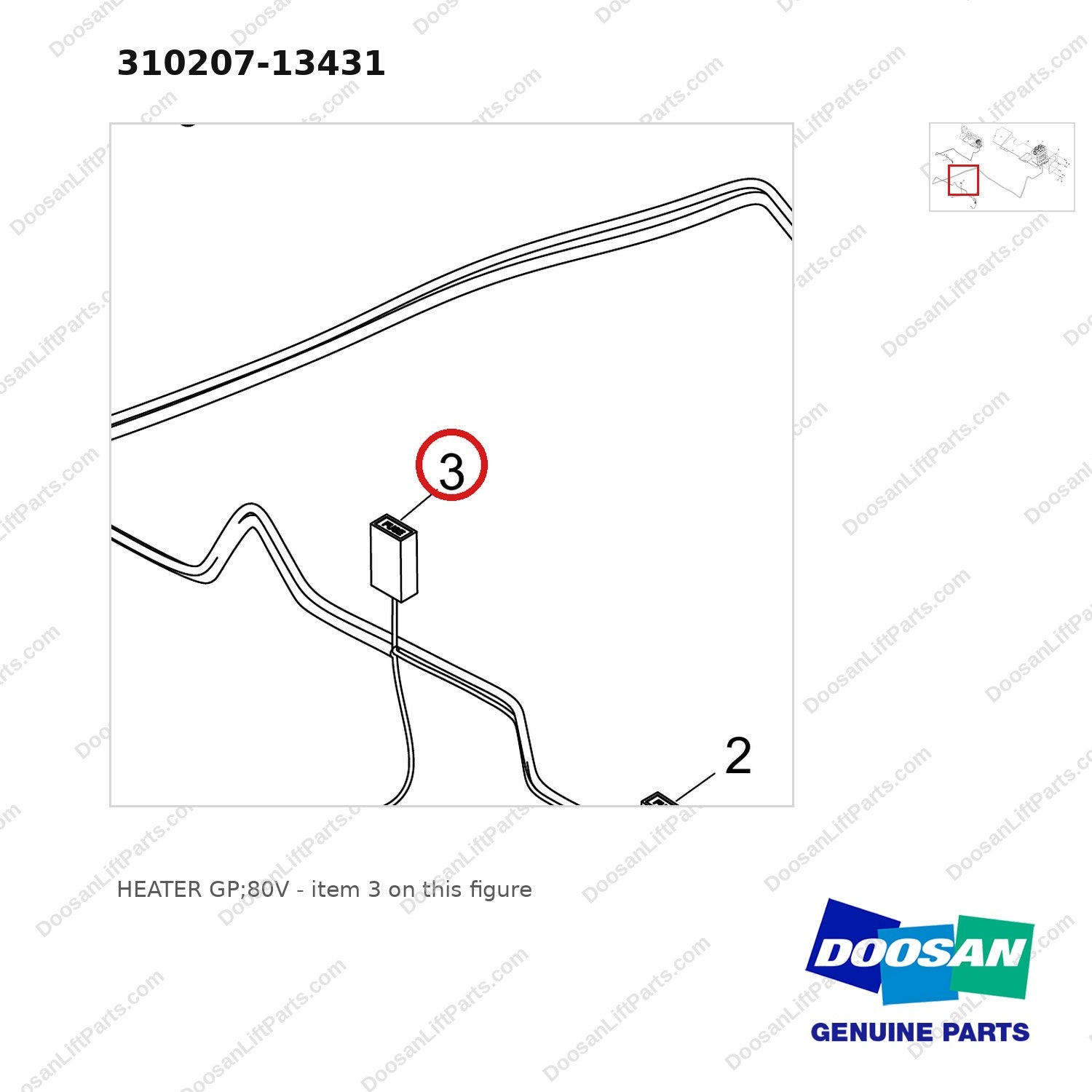 310207-13431 HEATER GP;80V - parts diagram, item 3 shown - genuine Doosan / Bobcat forklift part